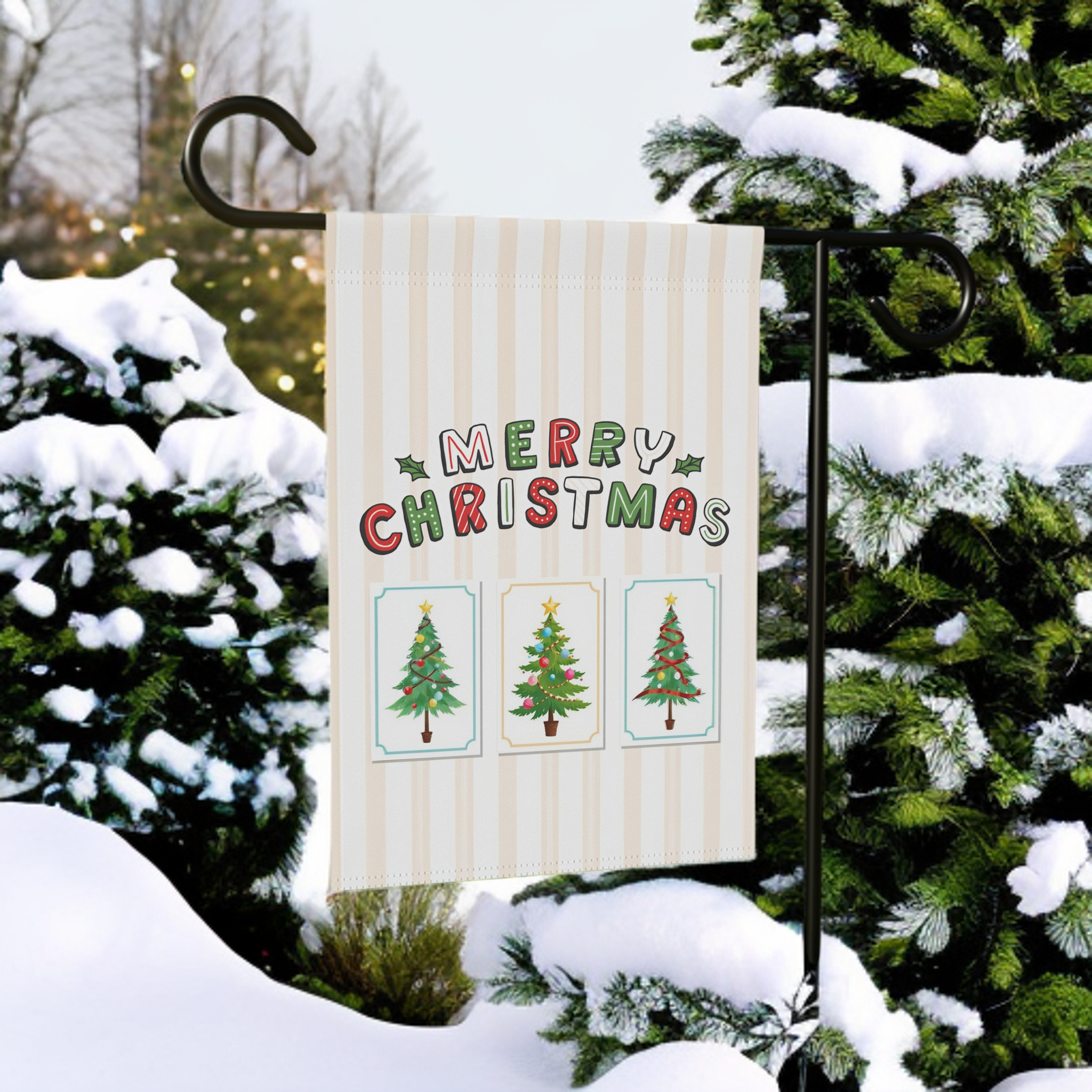 Christmas Tree and Stripes Garden Flag - lifestyle display - Dragonfire Gardens