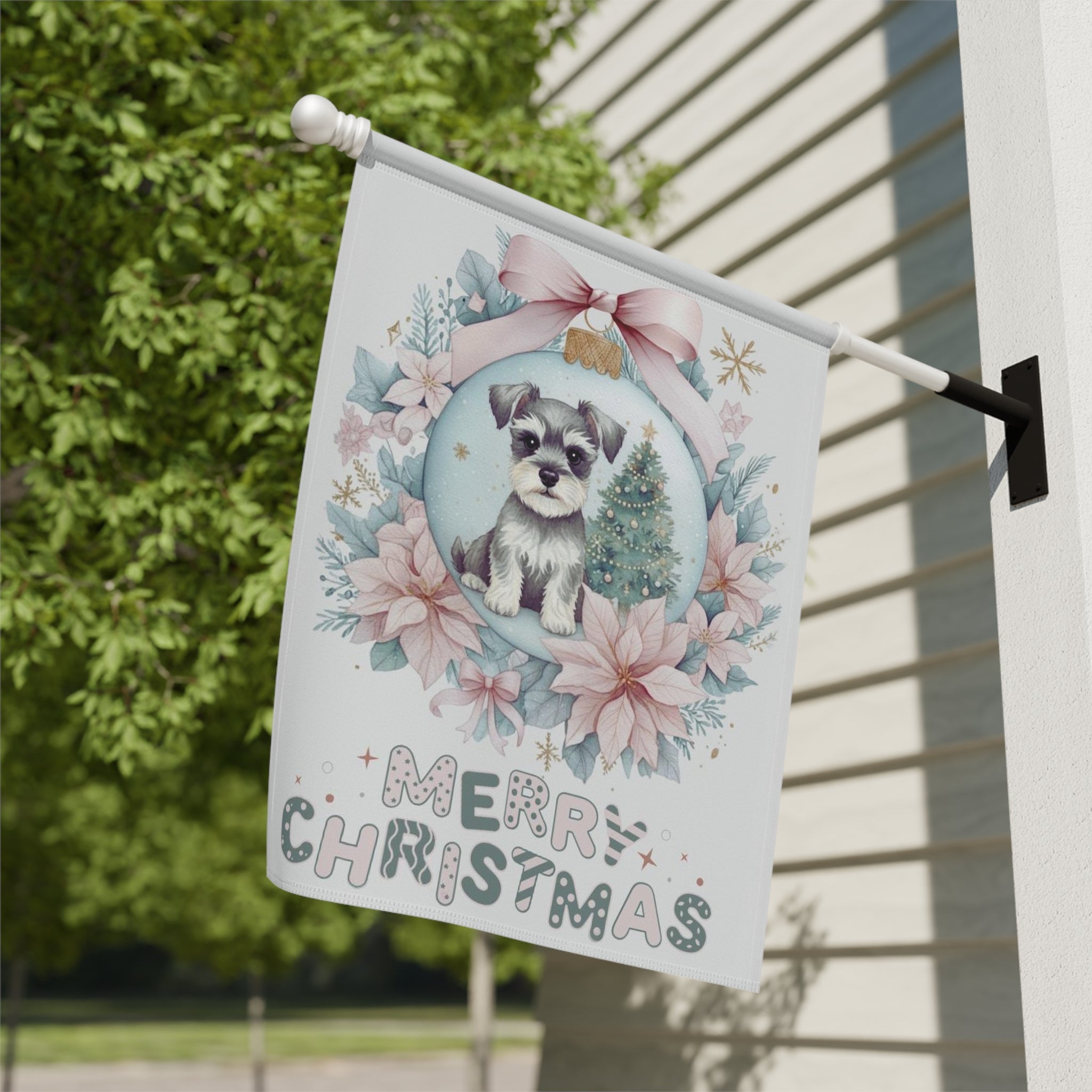 Schnauzer Christmas Ornament Garden Flag - close-up detail - Dragonfire Gardens