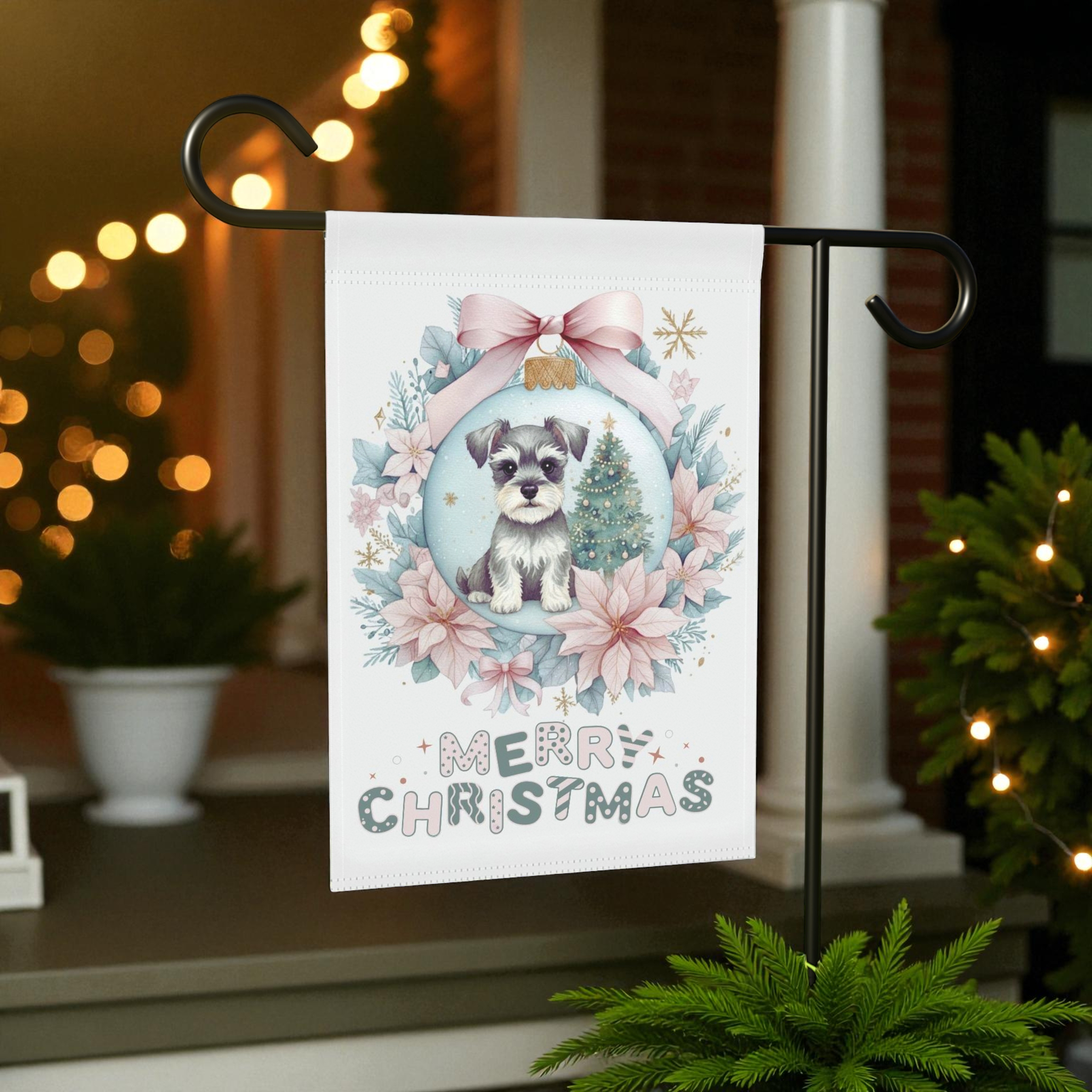 Schnauzer Christmas Ornament Garden Flag - front view - Dragonfire Gardens