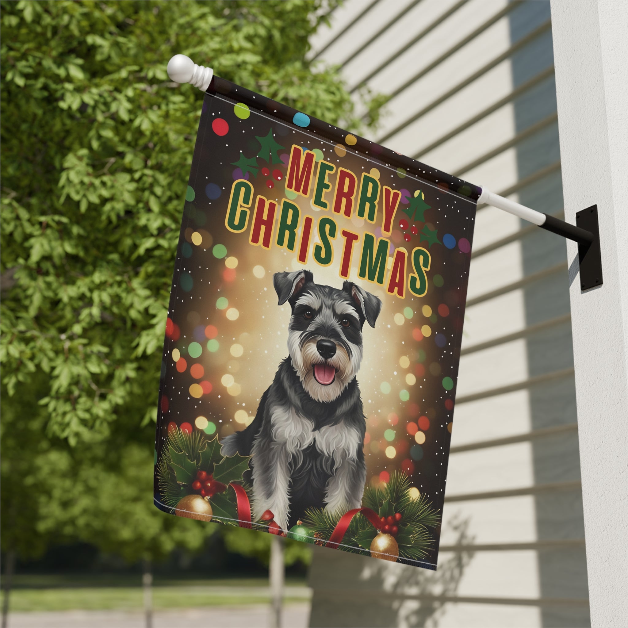 Christmas Schnauzer Garden Flag - close-up detail - Dragonfire Gardens