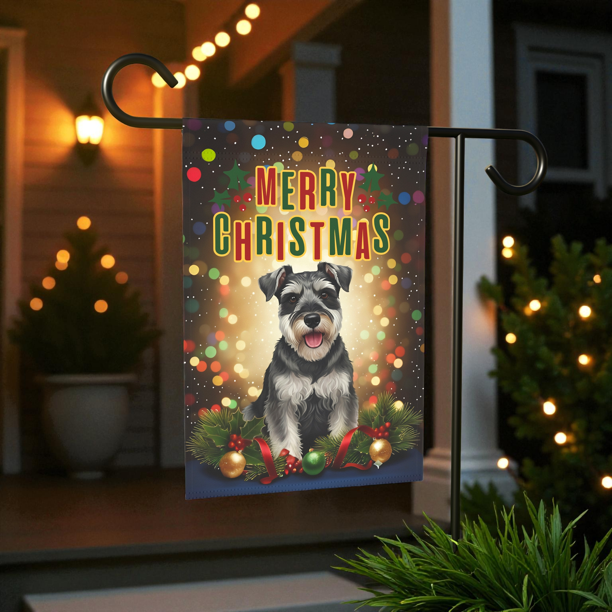 Christmas Schnauzer Garden Flag - front view - Dragonfire Gardens