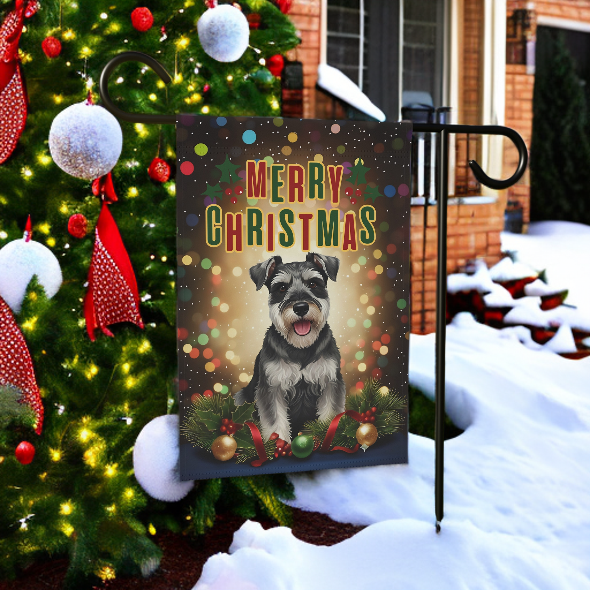 Christmas Schnauzer Garden Flag - size comparison - Dragonfire Gardens