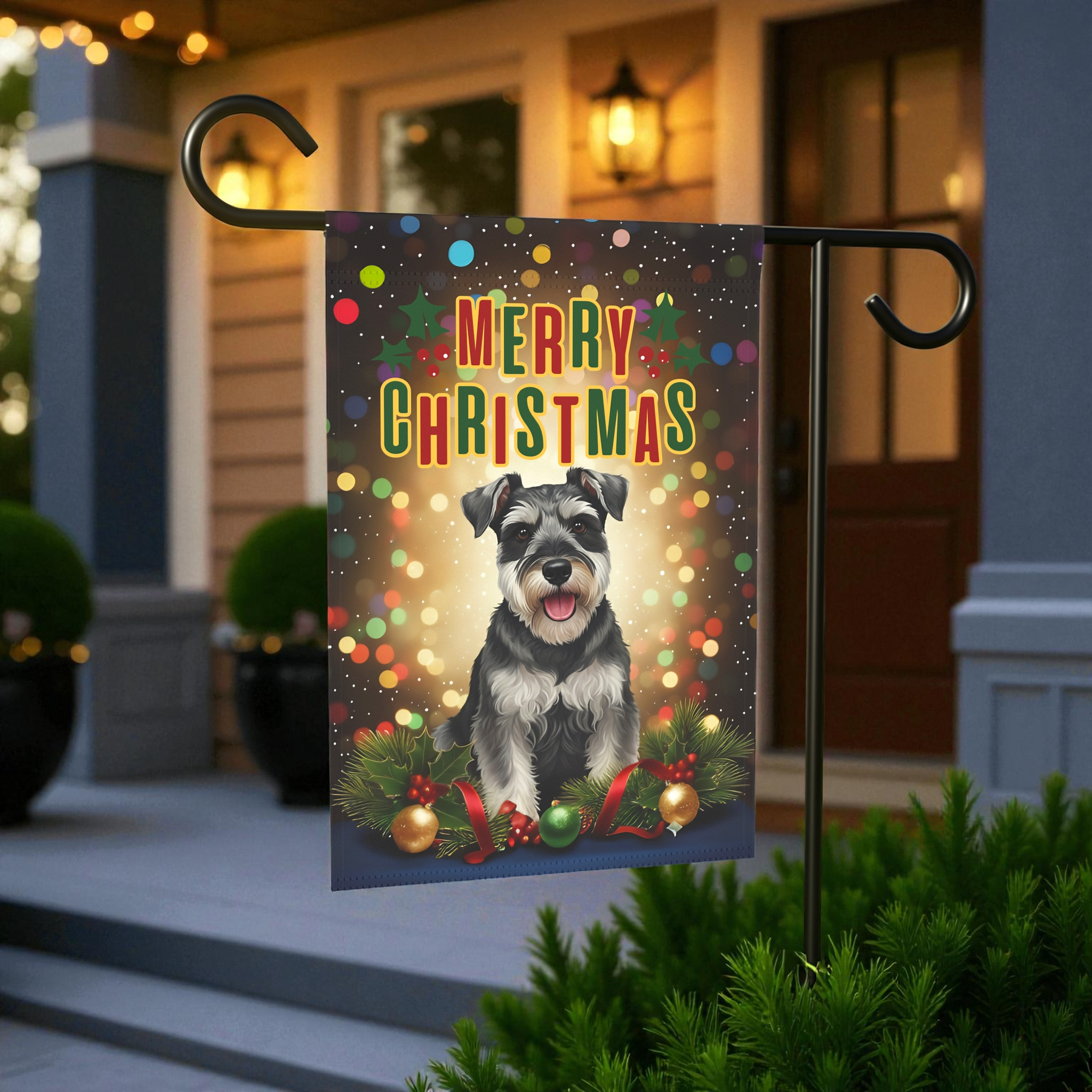 Christmas Schnauzer Garden Flag - lifestyle display - Dragonfire Gardens