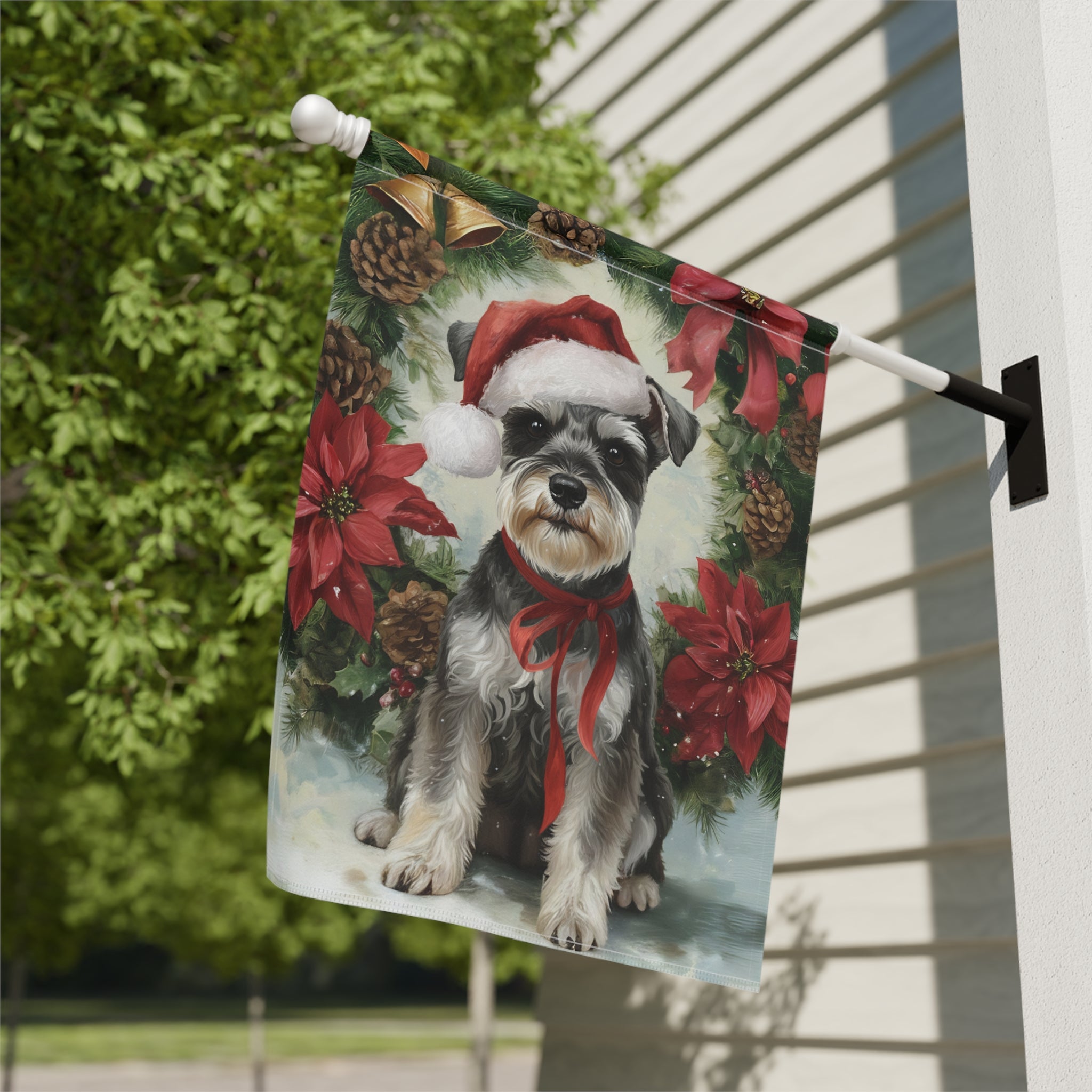 Poinsettia Wreath Schnauzer Christmas Garden Flag - close-up detail - Dragonfire Gardens