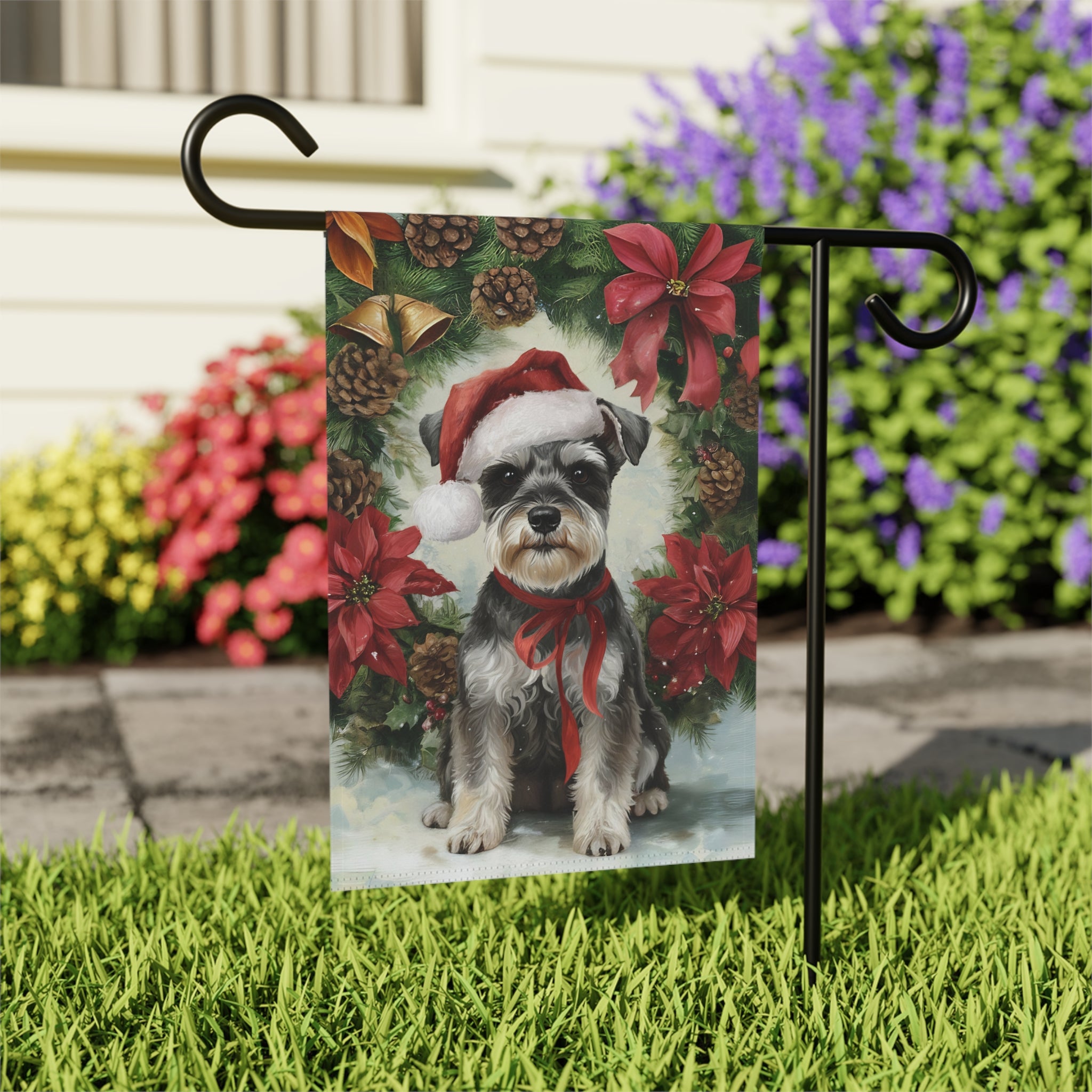 Poinsettia Wreath Schnauzer Christmas Garden Flag - outdoor display - Dragonfire Gardens