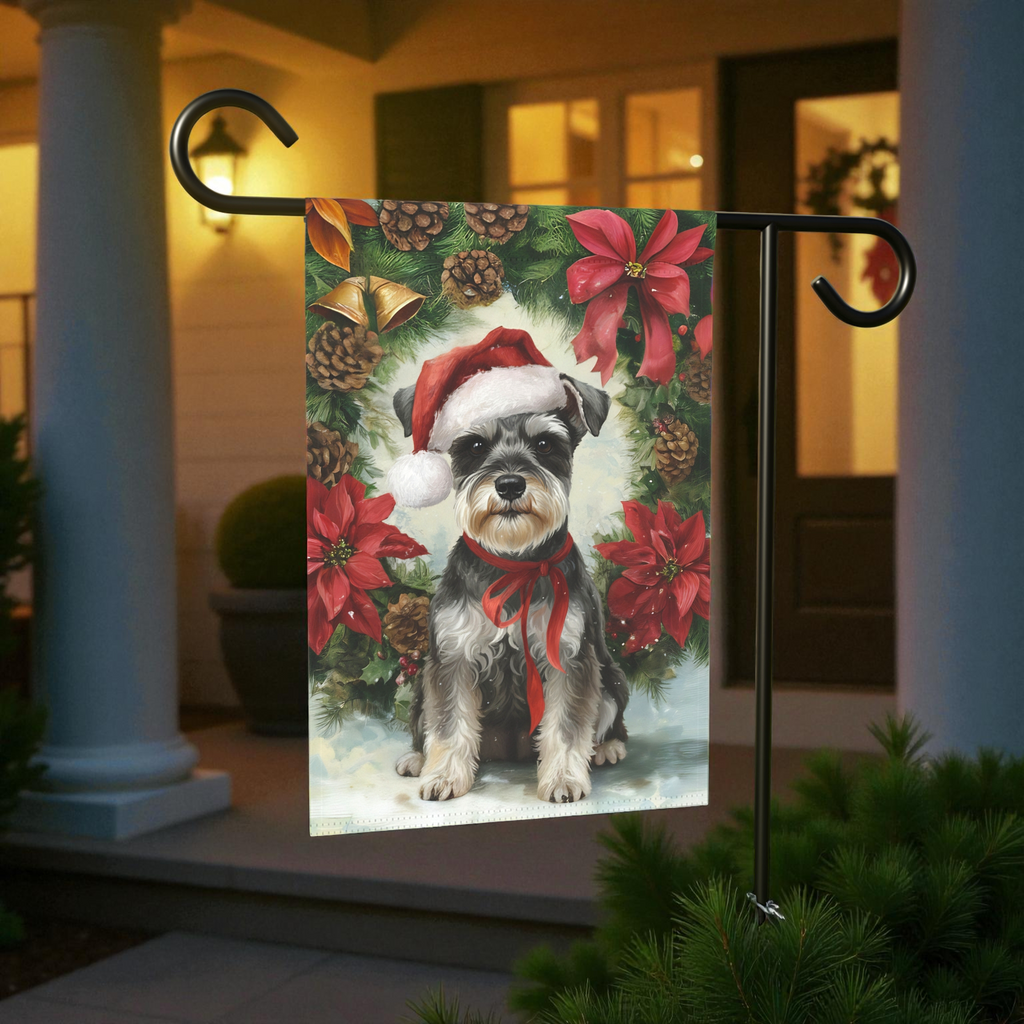 Poinsettia Wreath Schnauzer Christmas Garden Flag - size comparison - Dragonfire Gardens