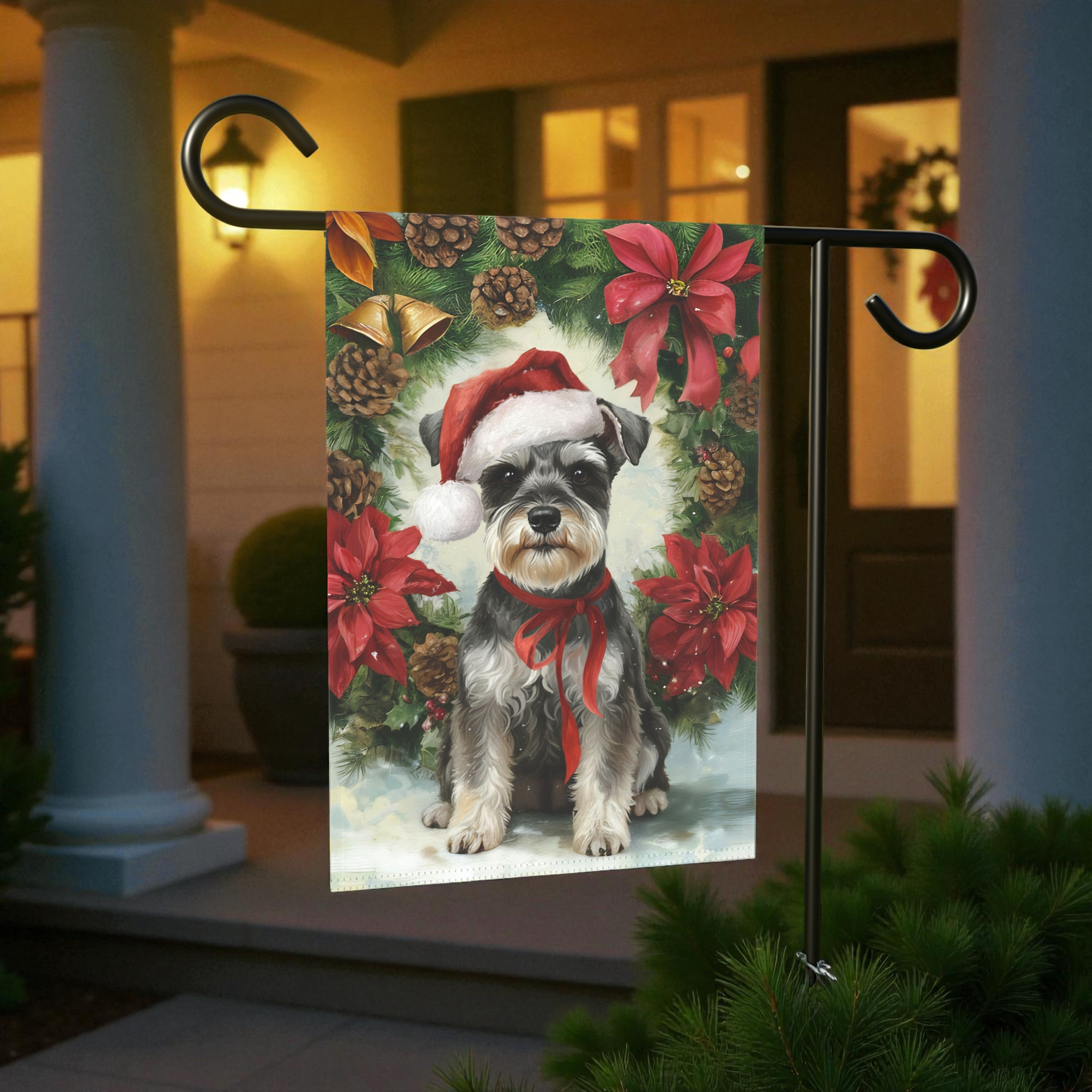 Poinsettia Wreath Schnauzer Christmas Garden Flag - size comparison - Dragonfire Gardens