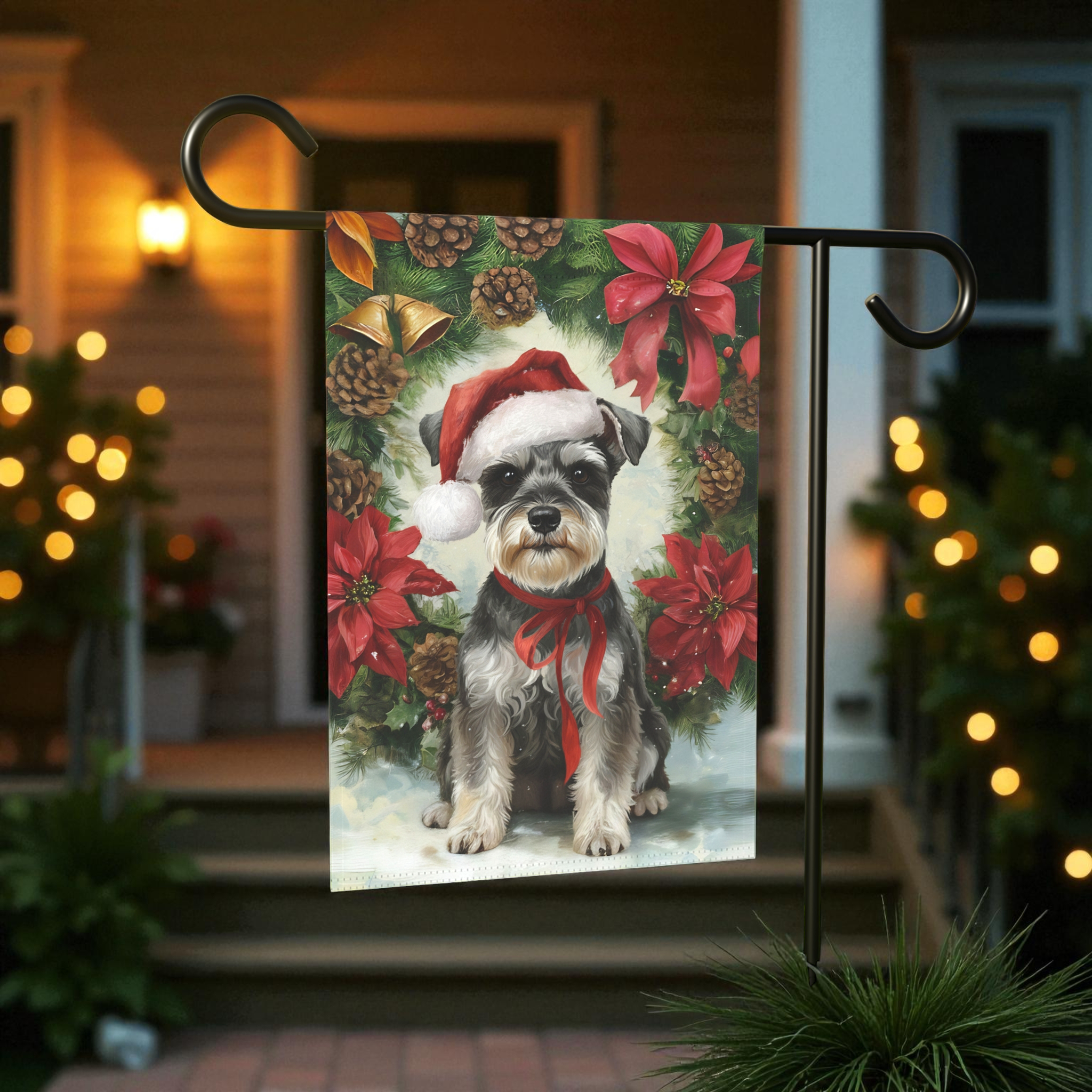 Poinsettia Wreath Schnauzer Christmas Garden Flag - front view - Dragonfire Gardens