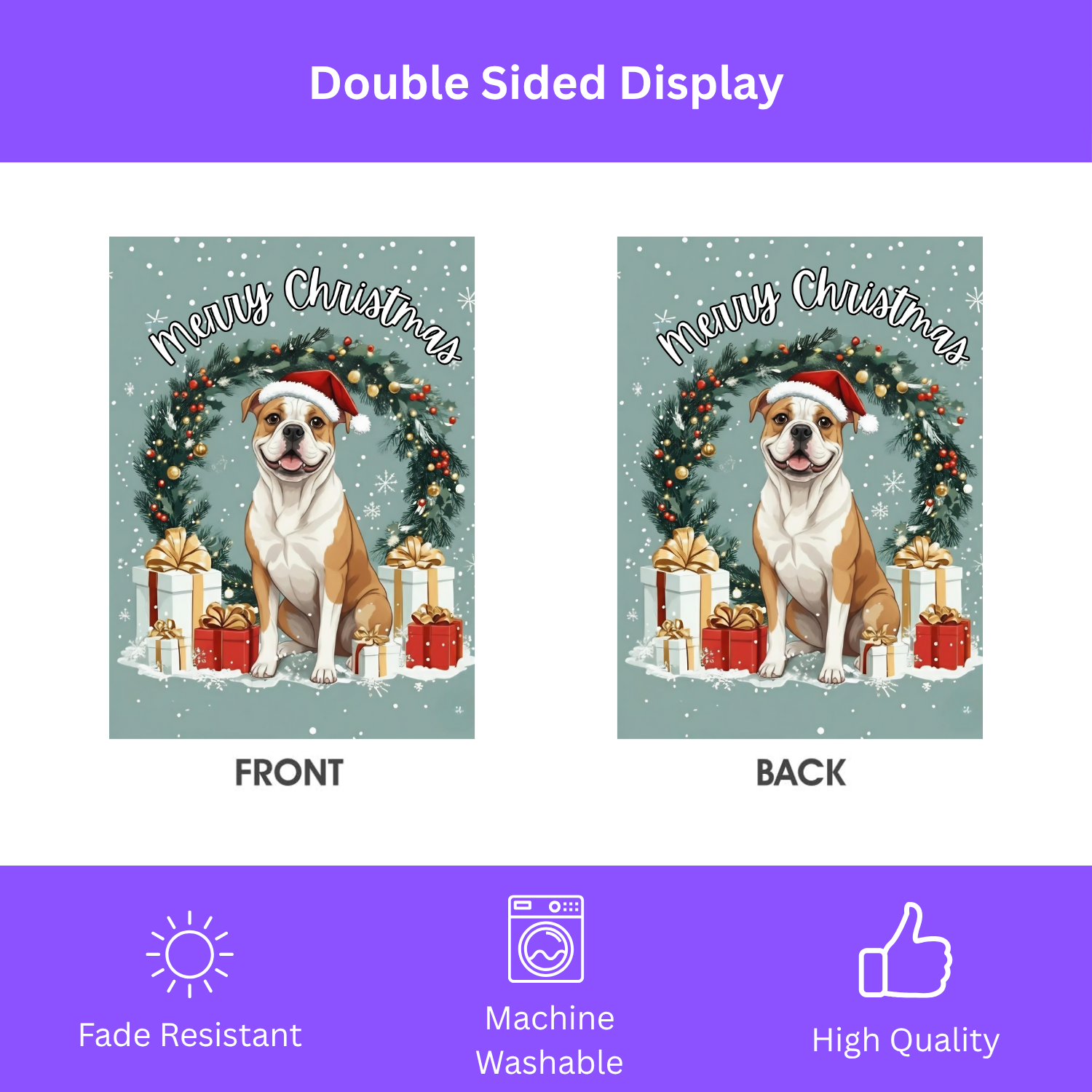 Merry Christmas American Bulldog Garden Flag - double-sided design - Dragonfire Gardens