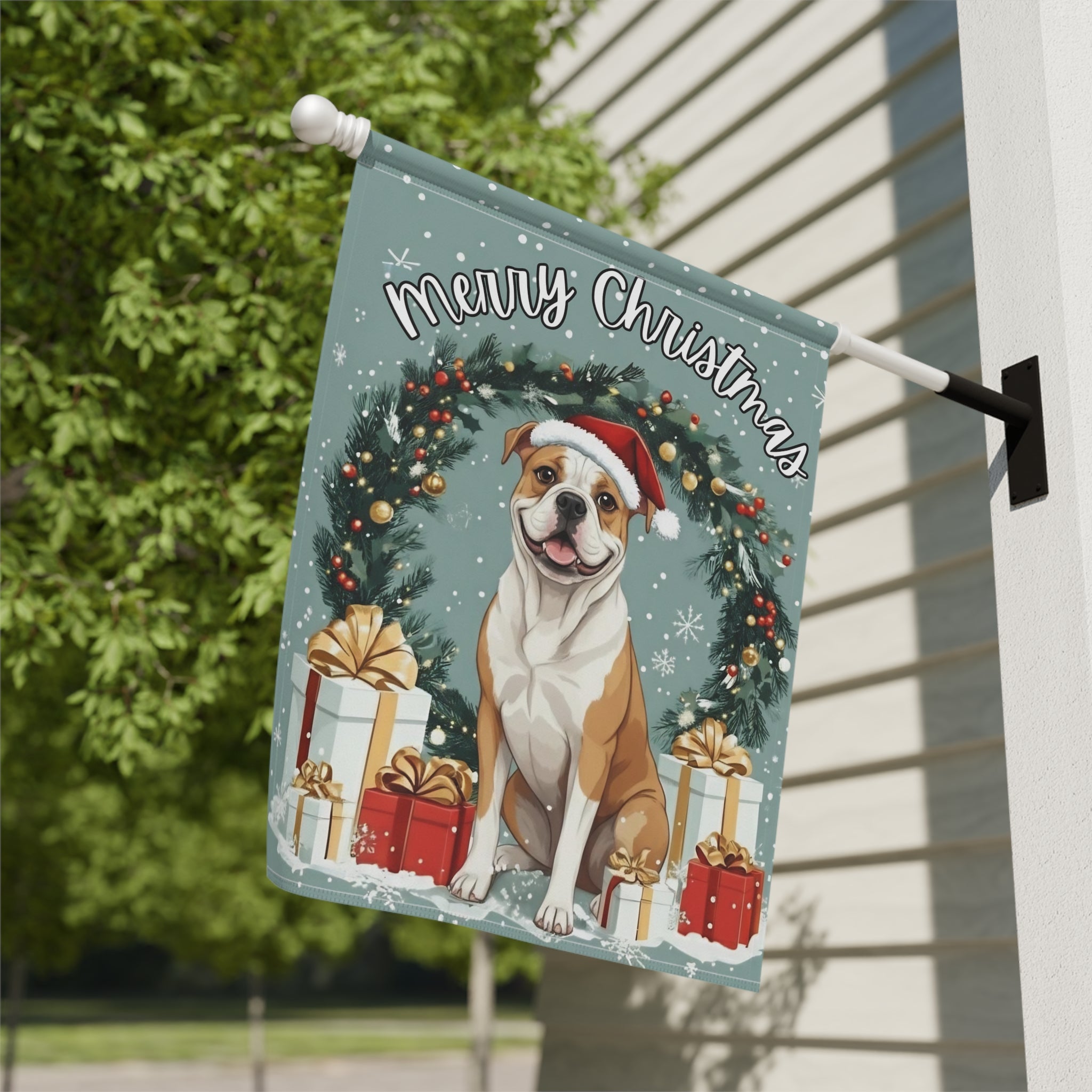 Merry Christmas American Bulldog Garden Flag - close-up detail - Dragonfire Gardens
