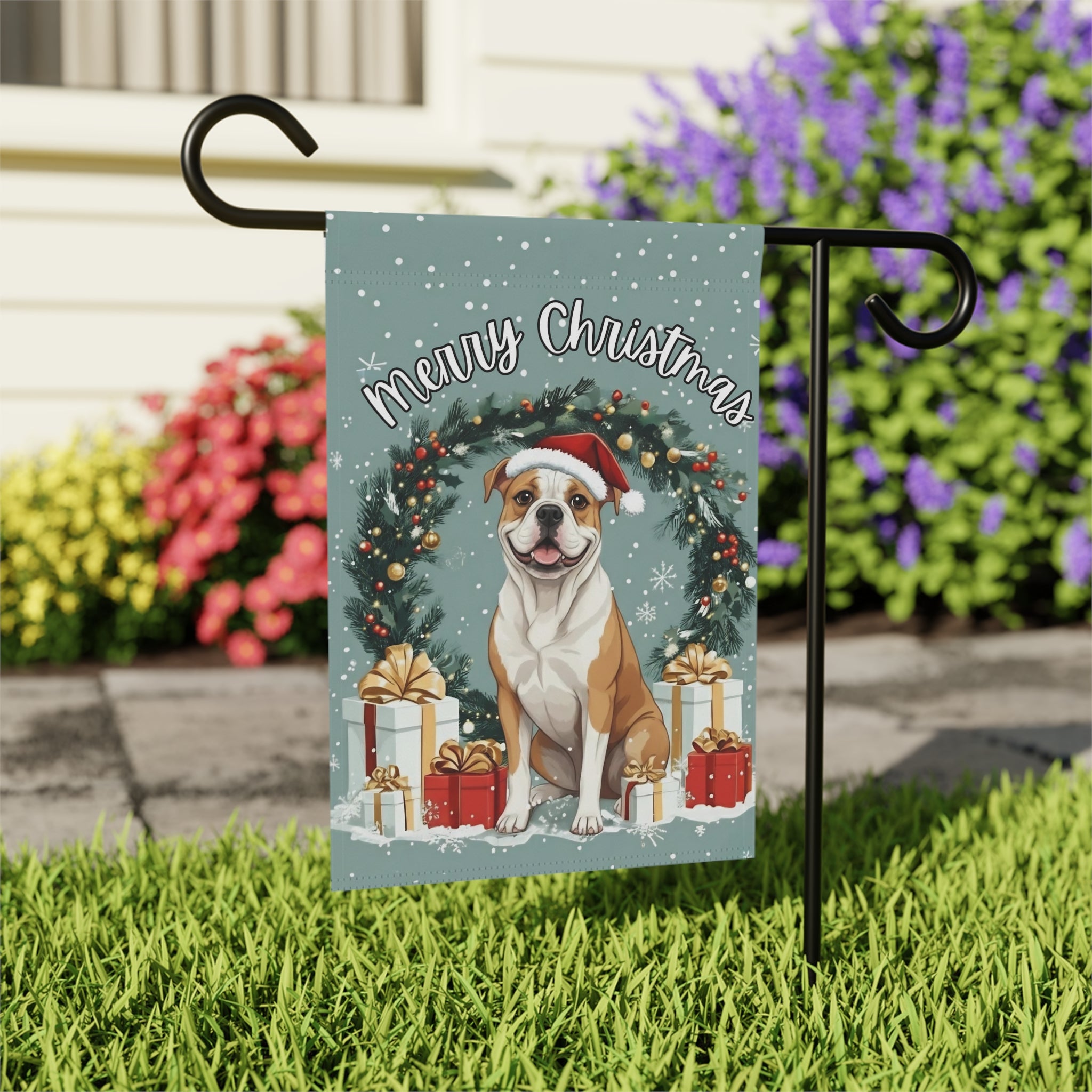 Merry Christmas American Bulldog Garden Flag - outdoor display - Dragonfire Gardens