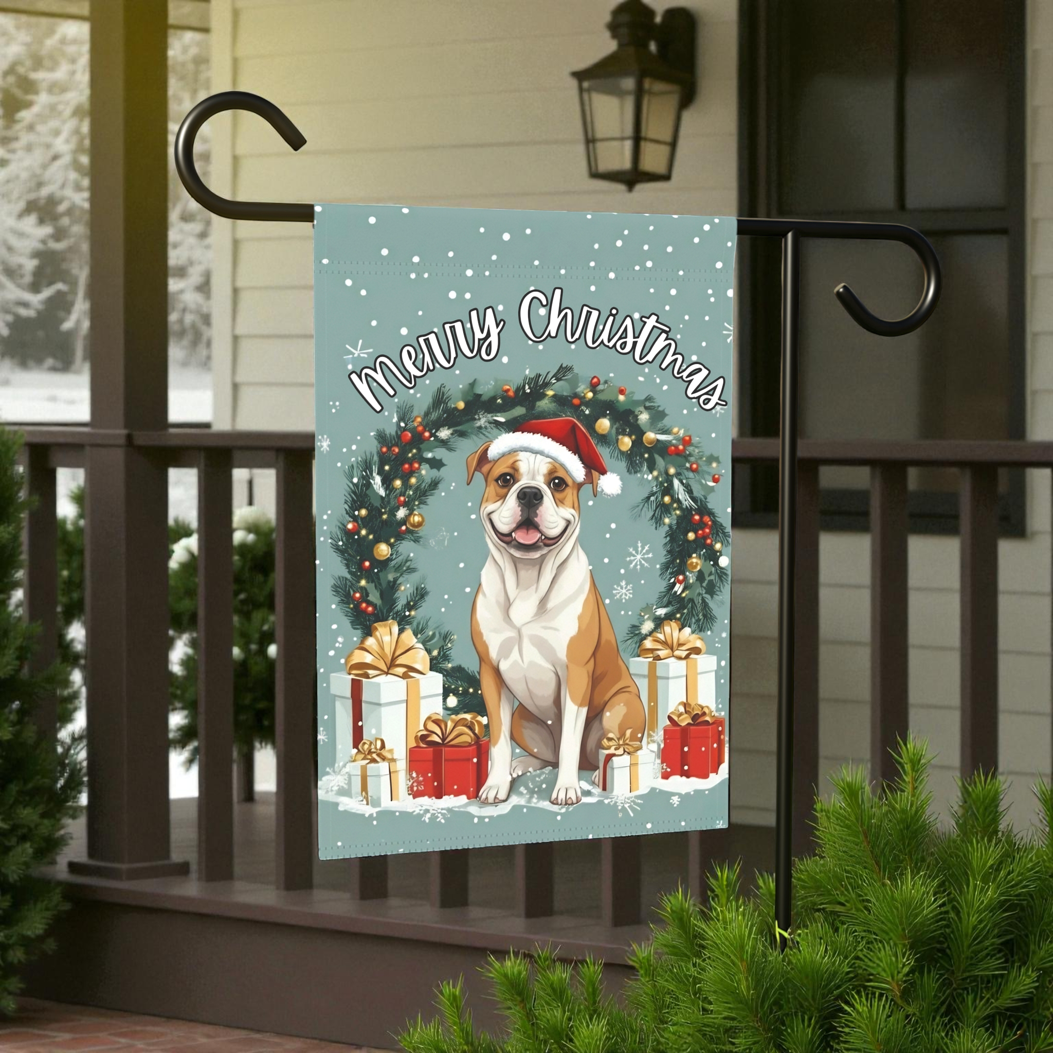 Merry Christmas American Bulldog Garden Flag - size comparison - Dragonfire Gardens
