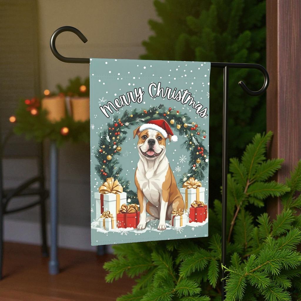 Merry Christmas American Bulldog Garden Flag - lifestyle display - Dragonfire Gardens