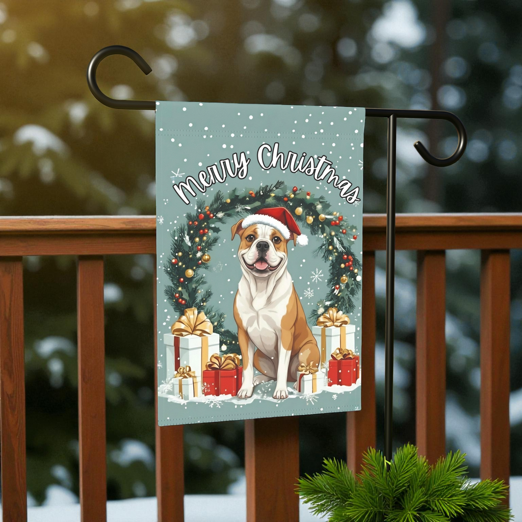 Merry Christmas American Bulldog Garden Flag - front view - Dragonfire Gardens