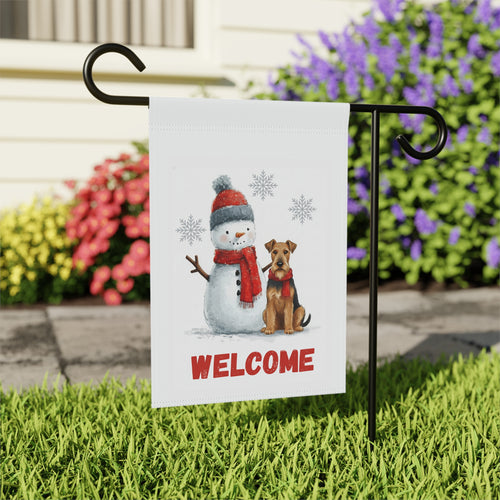 Airedale Terrier and Snowman Welcome Garden Flag - outdoor display - Dragonfire Gardens