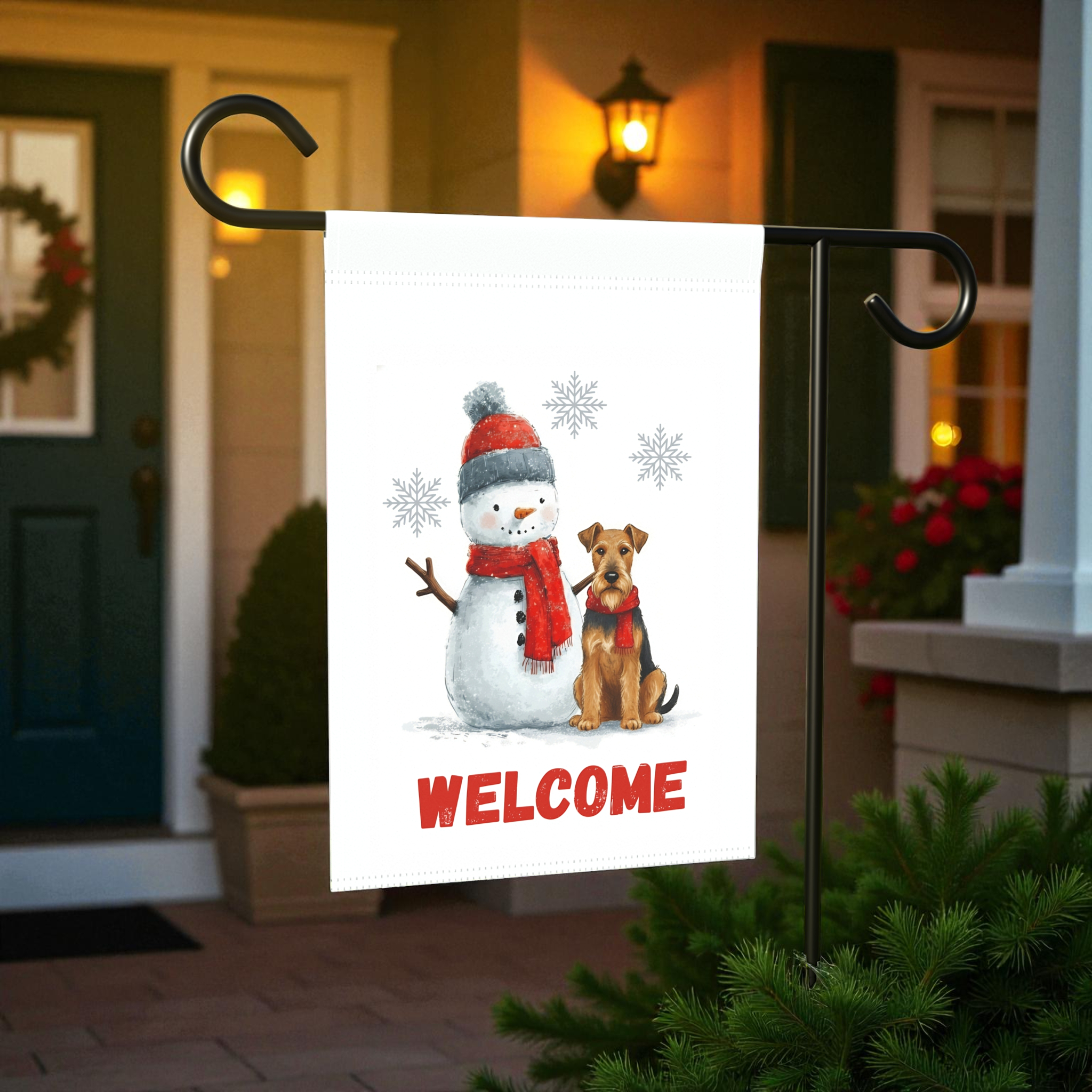 Airedale Terrier and Snowman Welcome Garden Flag