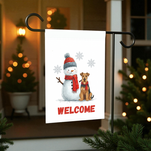 Airedale Terrier and Snowman Welcome Garden Flag - front view - Dragonfire Gardens