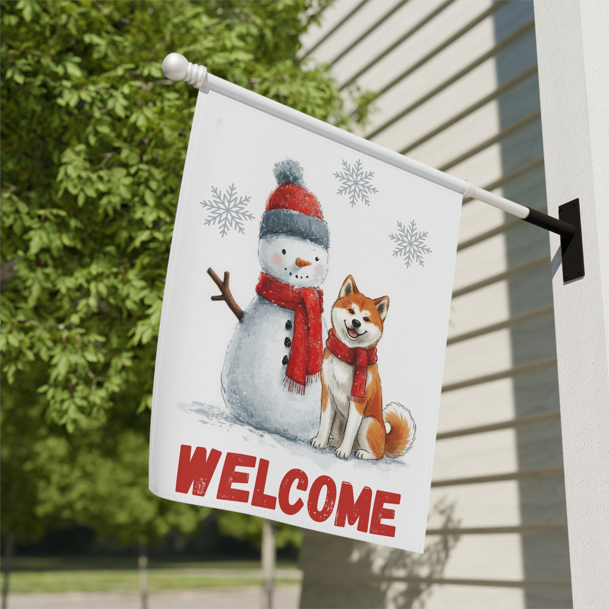 Akita and Snowman Welcome Garden Flag