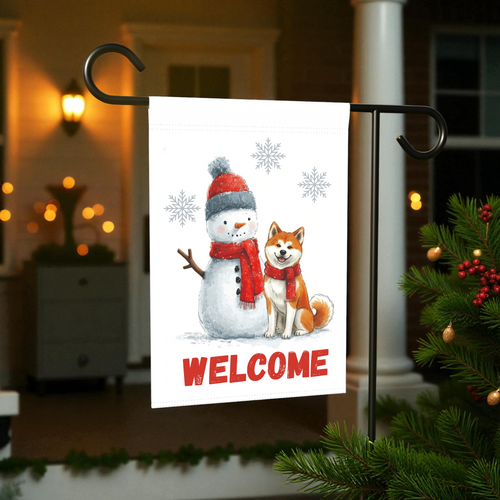 Akita and Snowman Welcome Garden Flag - front view - Dragonfire Gardens