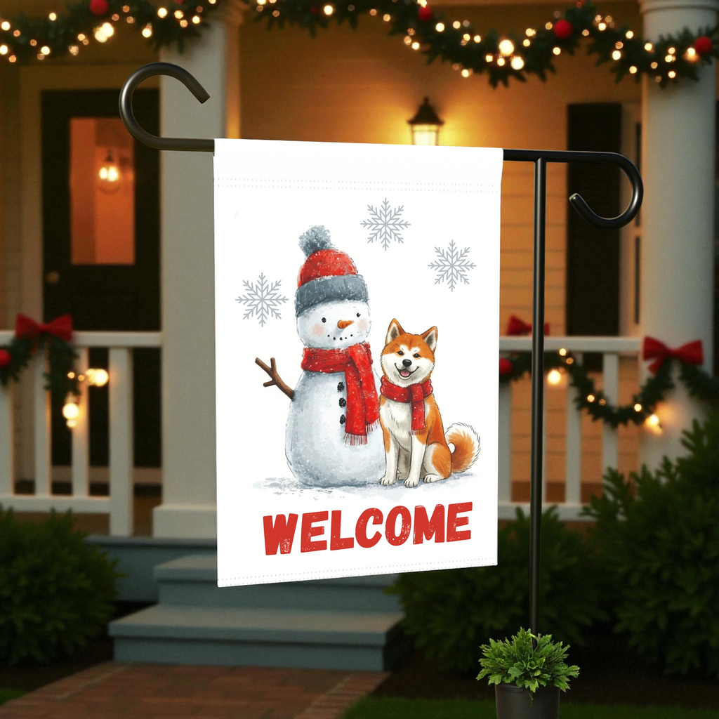 Akita and Snowman Welcome Garden Flag