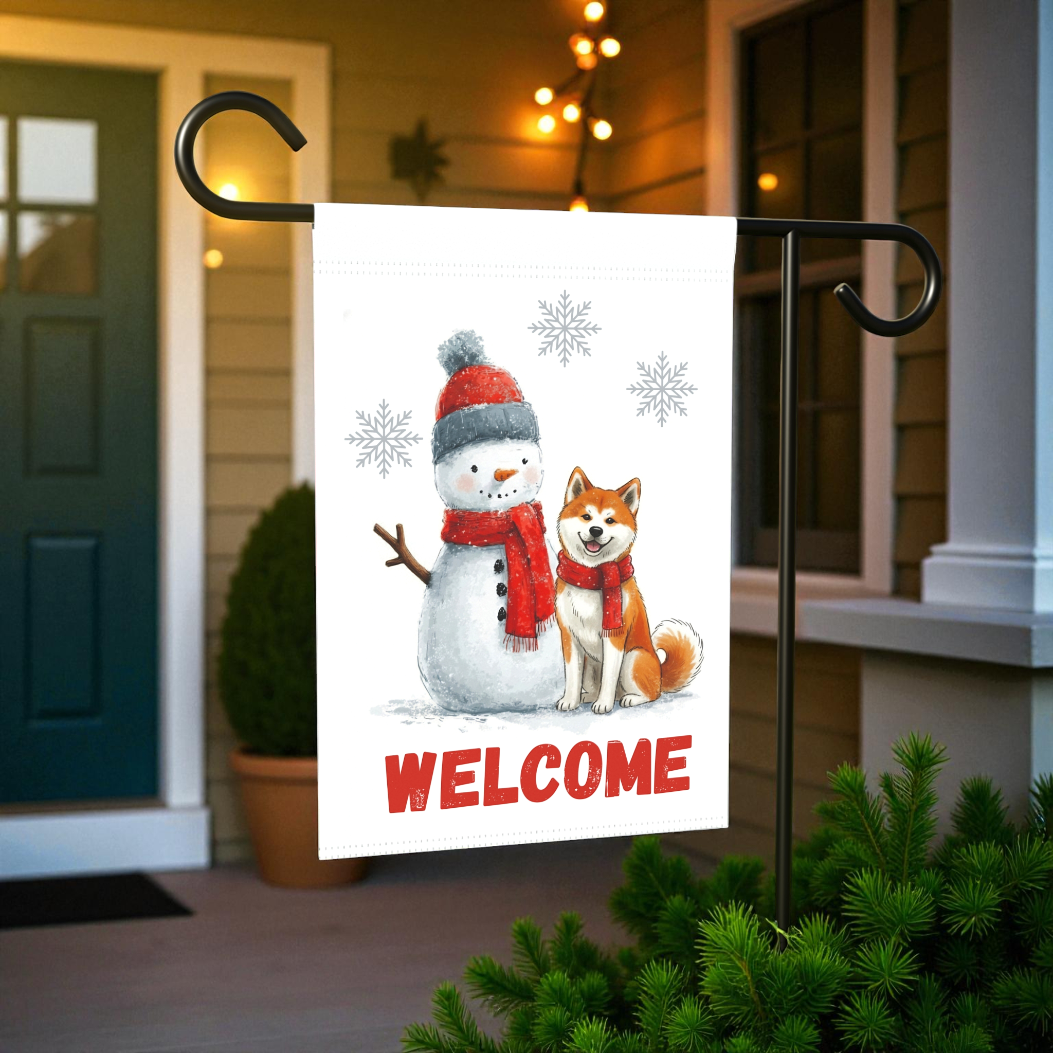 Akita and Snowman Welcome Garden Flag