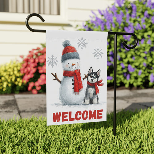 Alaskan Klee Kai and Snowman Garden Flag - outdoor display - Dragonfire Gardens