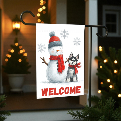 Alaskan Klee Kai and Snowman Garden Flag - front view - Dragonfire Gardens