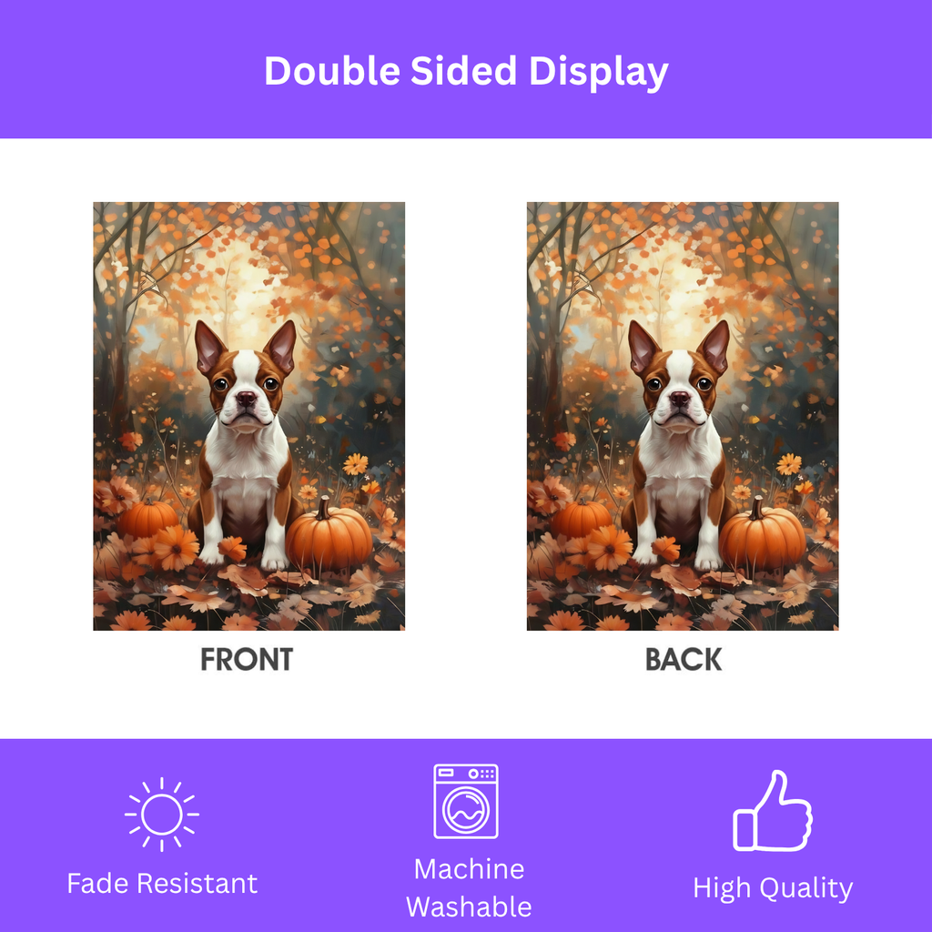 Fall Red Boston Terrier and Pumpkin Garden Flag - double-sided design - Dragonfire Gardens