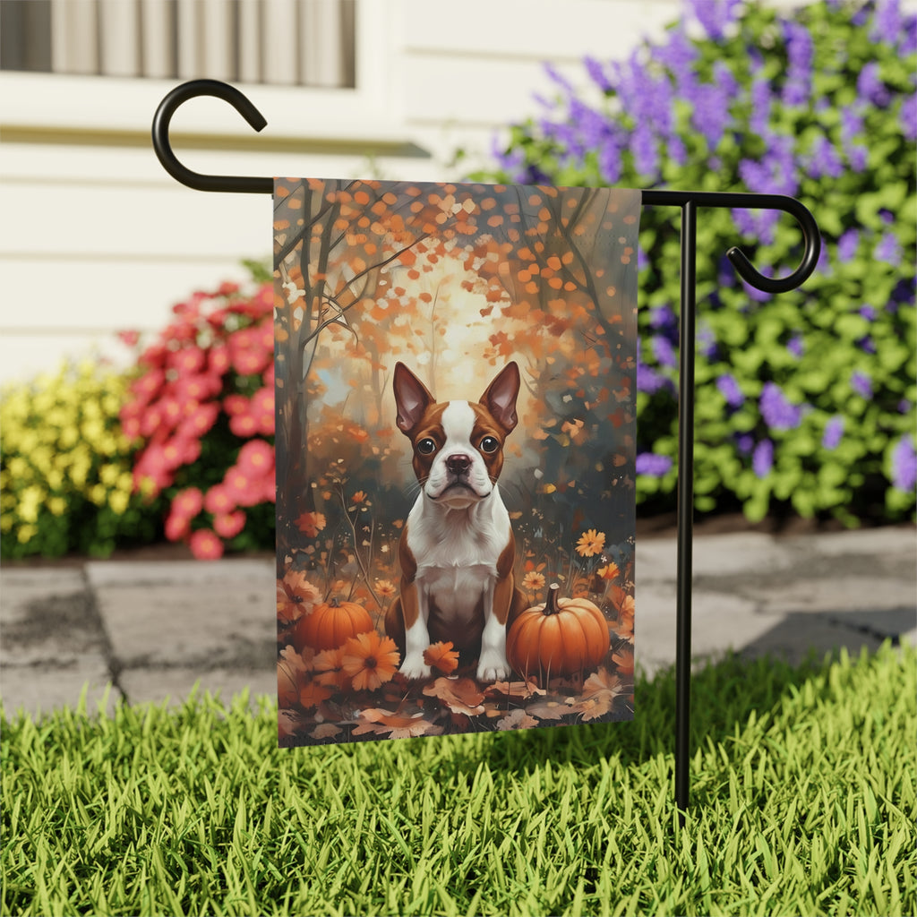 Fall Red Boston Terrier and Pumpkin Garden Flag - outdoor display - Dragonfire Gardens