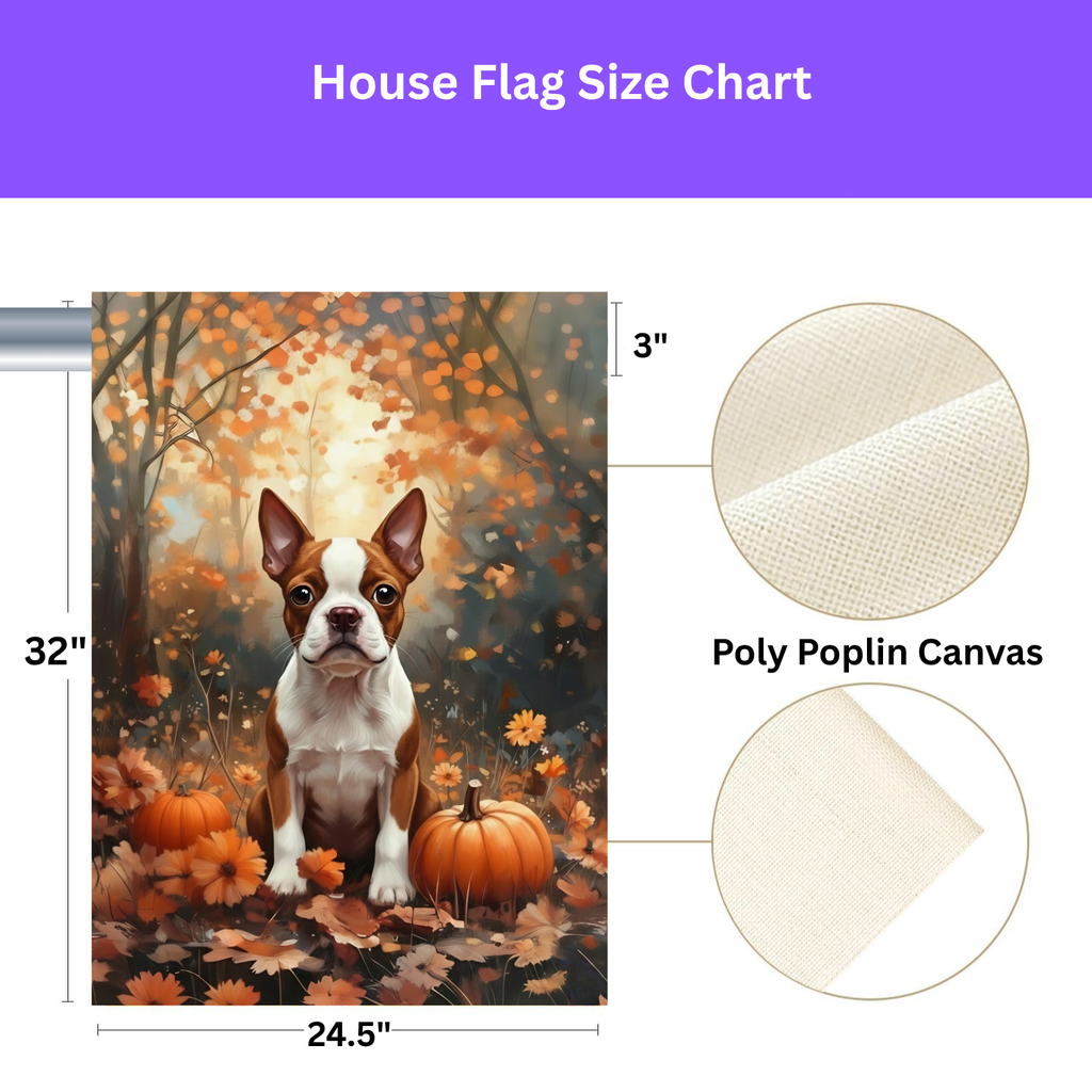 Fall Red Boston Terrier and Pumpkin Garden Flag - yard display - Dragonfire Gardens