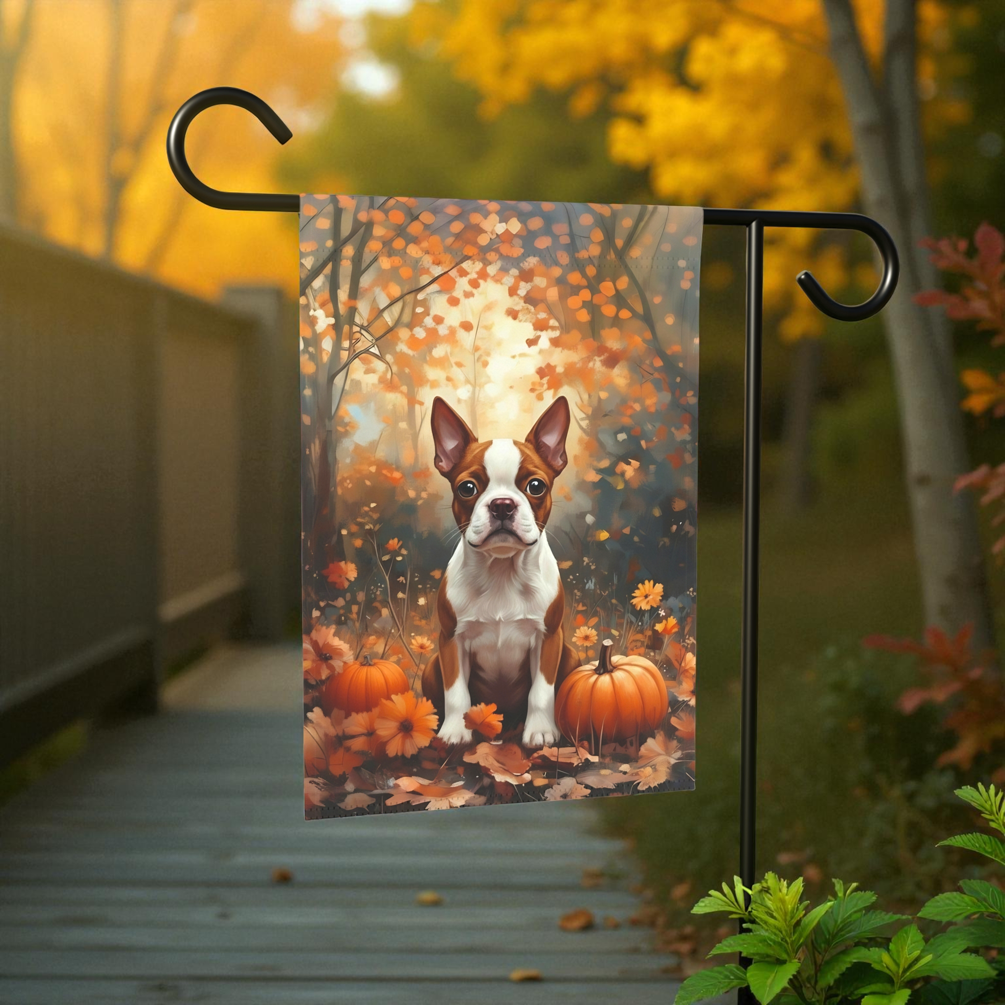 Fall Red Boston Terrier and Pumpkin Garden Flag - lifestyle display - Dragonfire Gardens