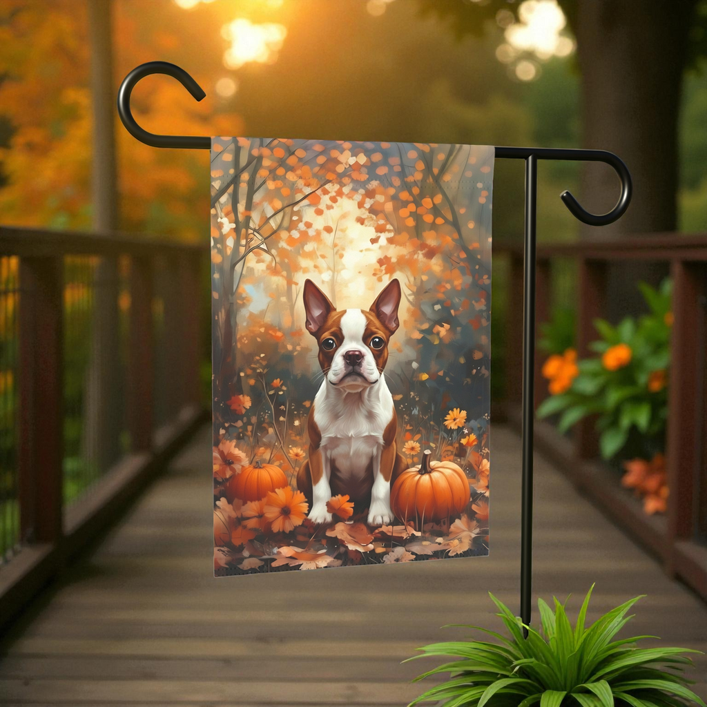 Fall Red Boston Terrier and Pumpkin Garden Flag - size comparison - Dragonfire Gardens