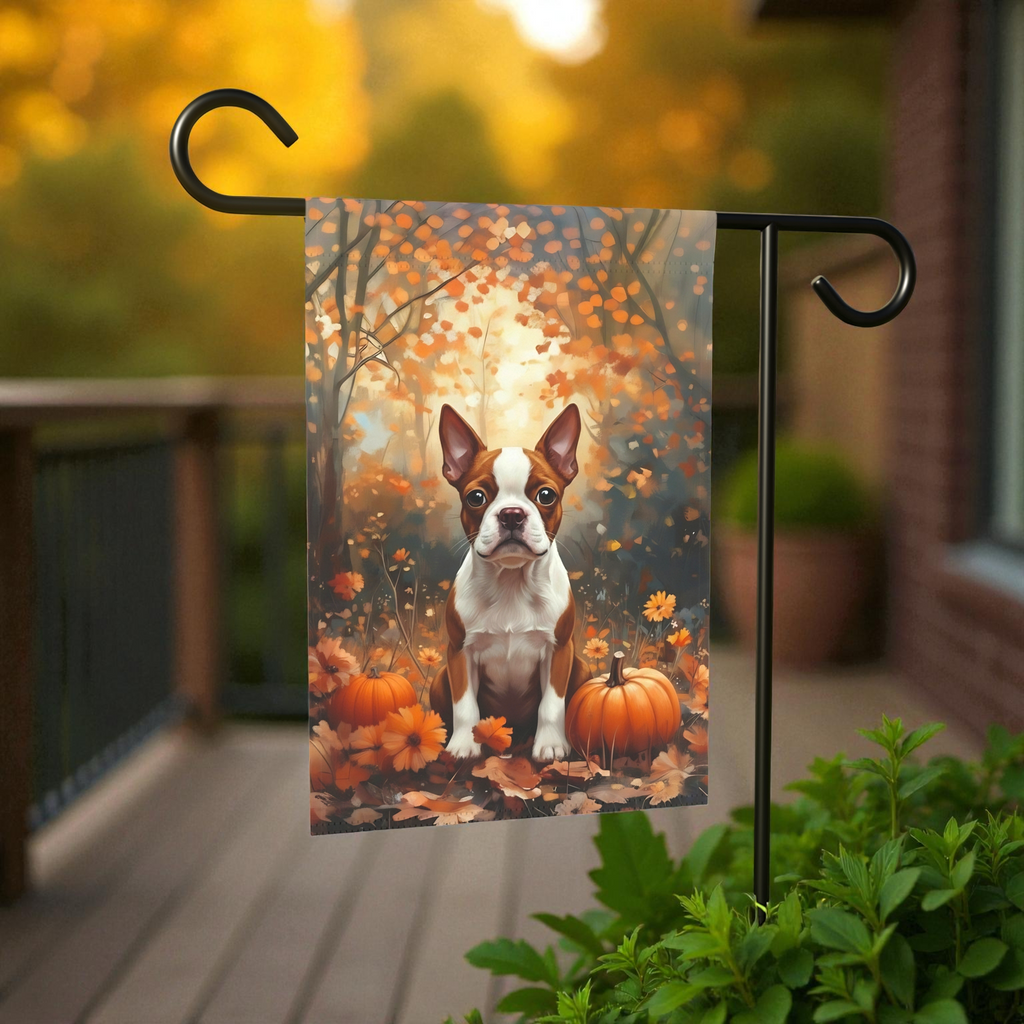 Fall Red Boston Terrier and Pumpkin Garden Flag - front view - Dragonfire Gardens