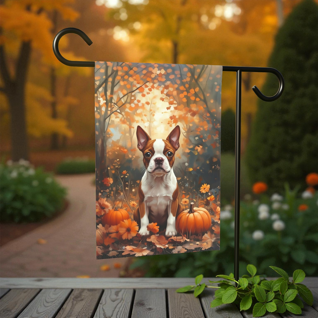 Fall Red Boston Terrier and Pumpkin Garden Flag - product detail - Dragonfire Gardens