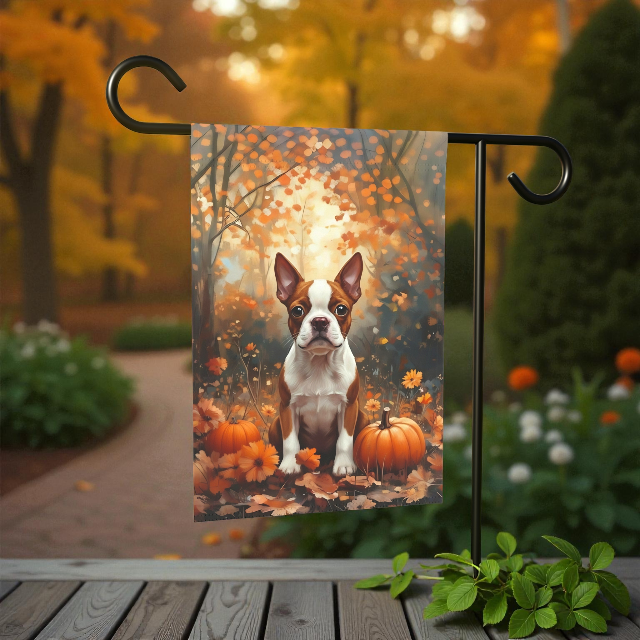 Fall Red Boston Terrier and Pumpkin Garden Flag - product detail - Dragonfire Gardens