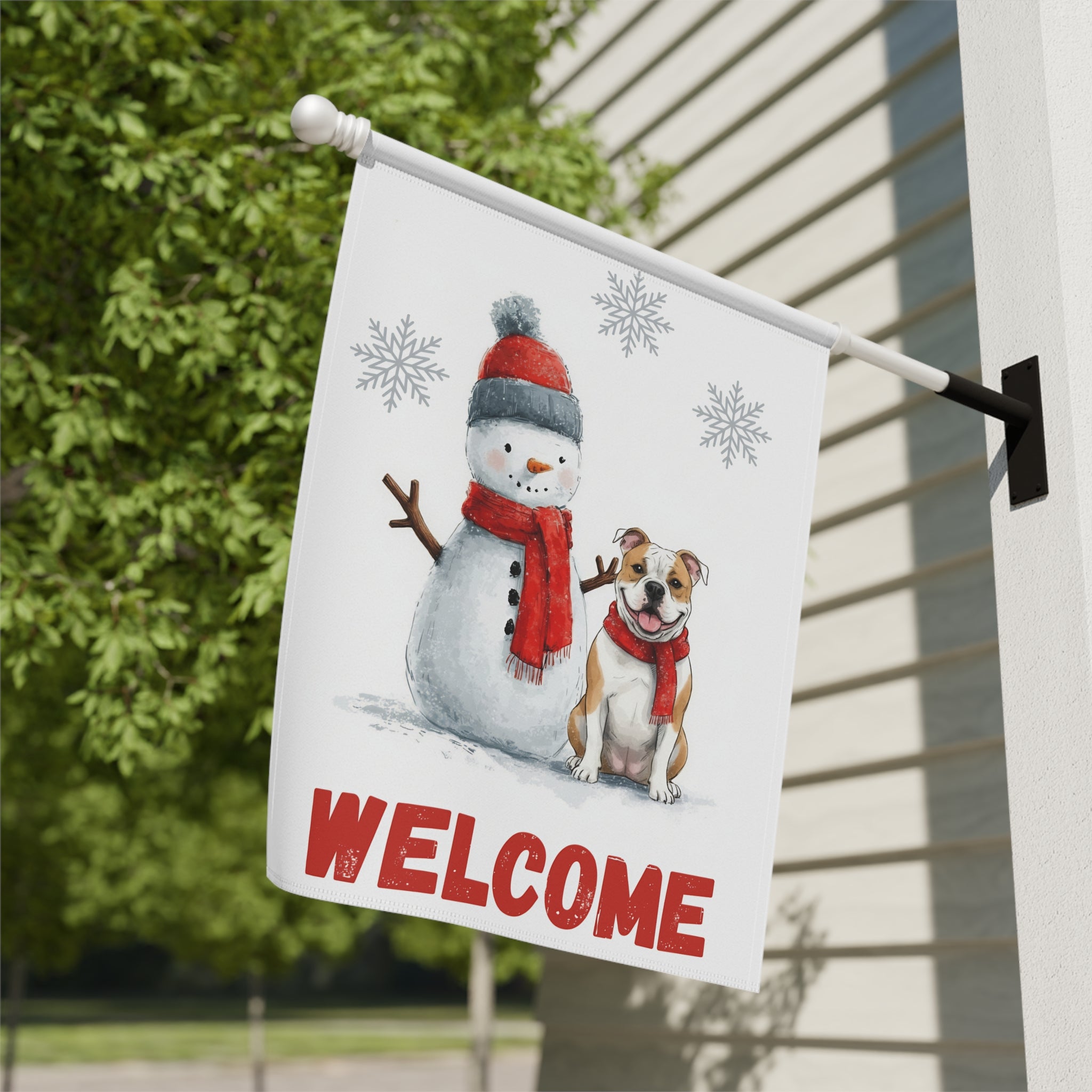 American Bulldog and Snowman Welcome Garden Flag