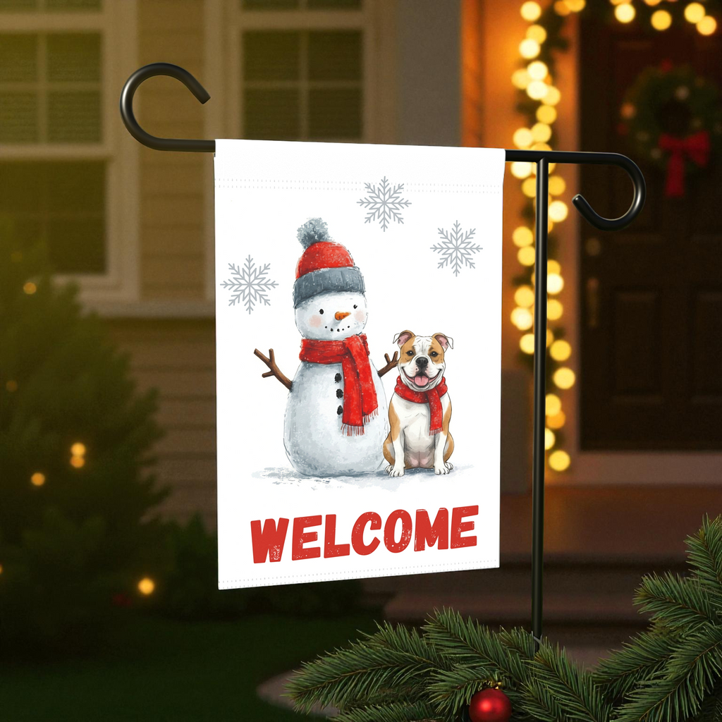 American Bulldog and Snowman Welcome Garden Flag