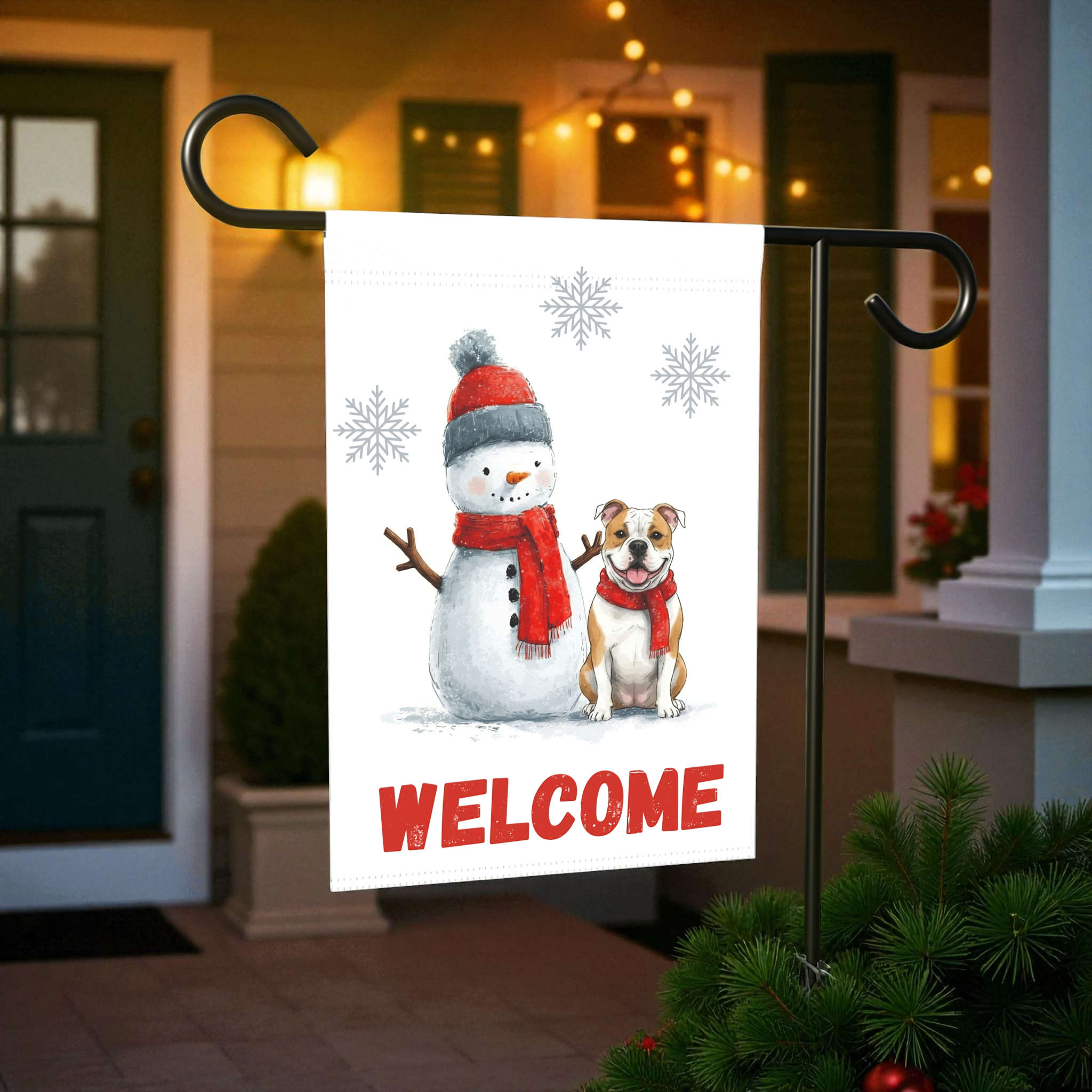 American Bulldog and Snowman Welcome Garden Flag