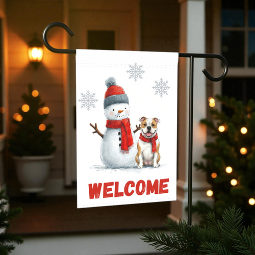 American Bulldog and Snowman Welcome Garden Flag - front view - Dragonfire Gardens