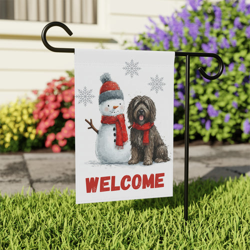 Bergamasco Sheepdog and Snowman Welcome Garden Flag - outdoor display - Dragonfire Gardens