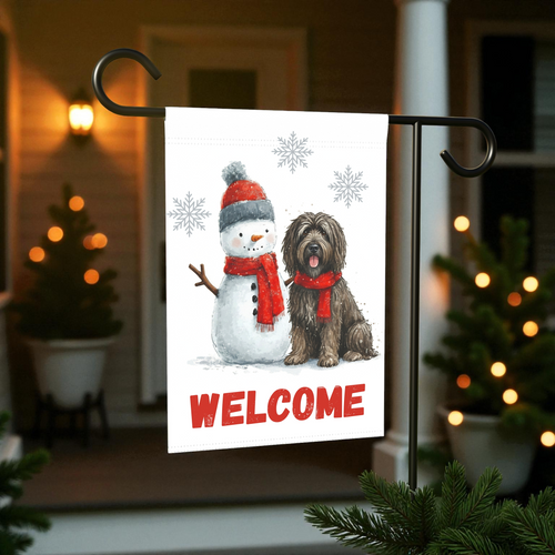 Bergamasco Sheepdog and Snowman Welcome Garden Flag - front view - Dragonfire Gardens