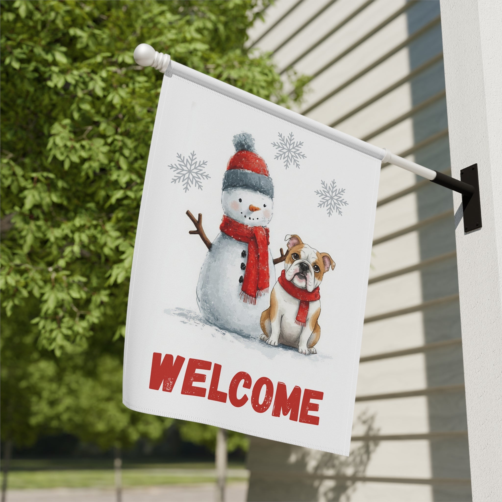 British Bulldog and Snowman Welcome Garden Flag