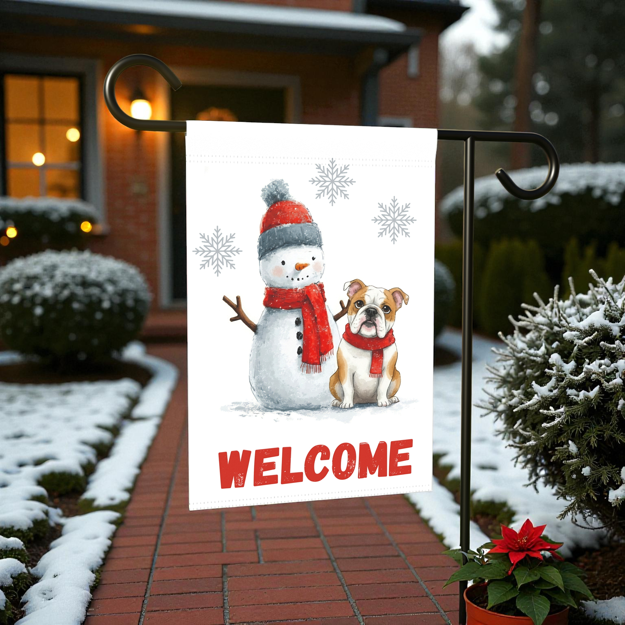 British Bulldog and Snowman Welcome Garden Flag