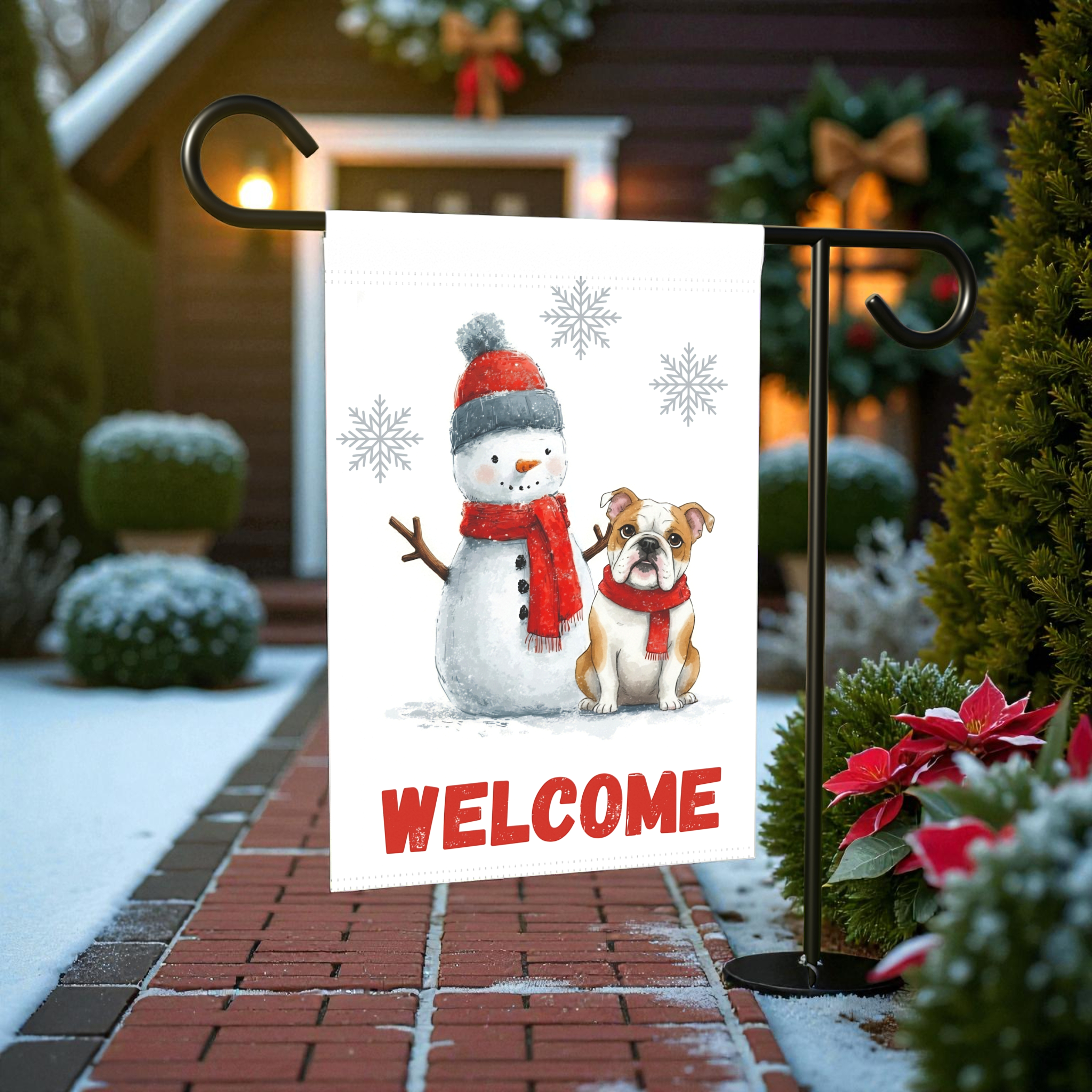 British Bulldog and Snowman Welcome Garden Flag