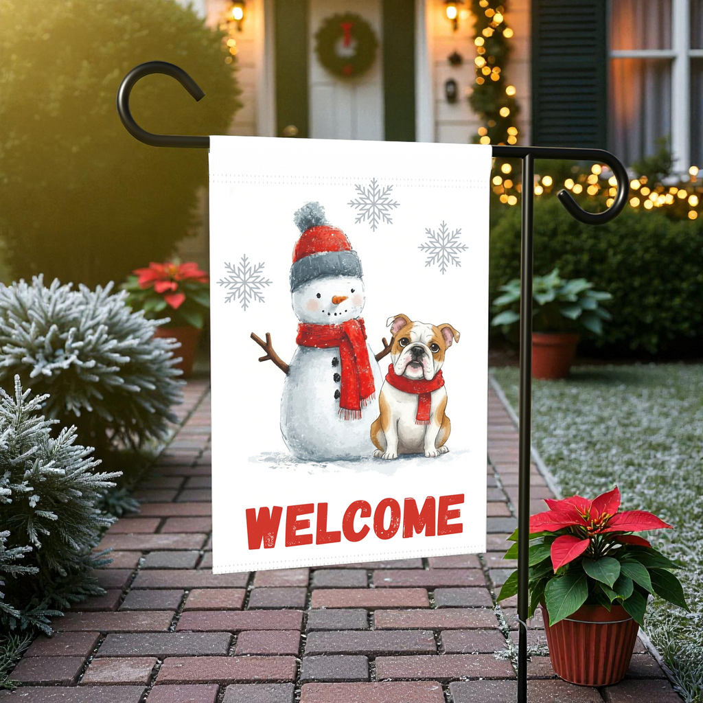 British Bulldog and Snowman Welcome Garden Flag
