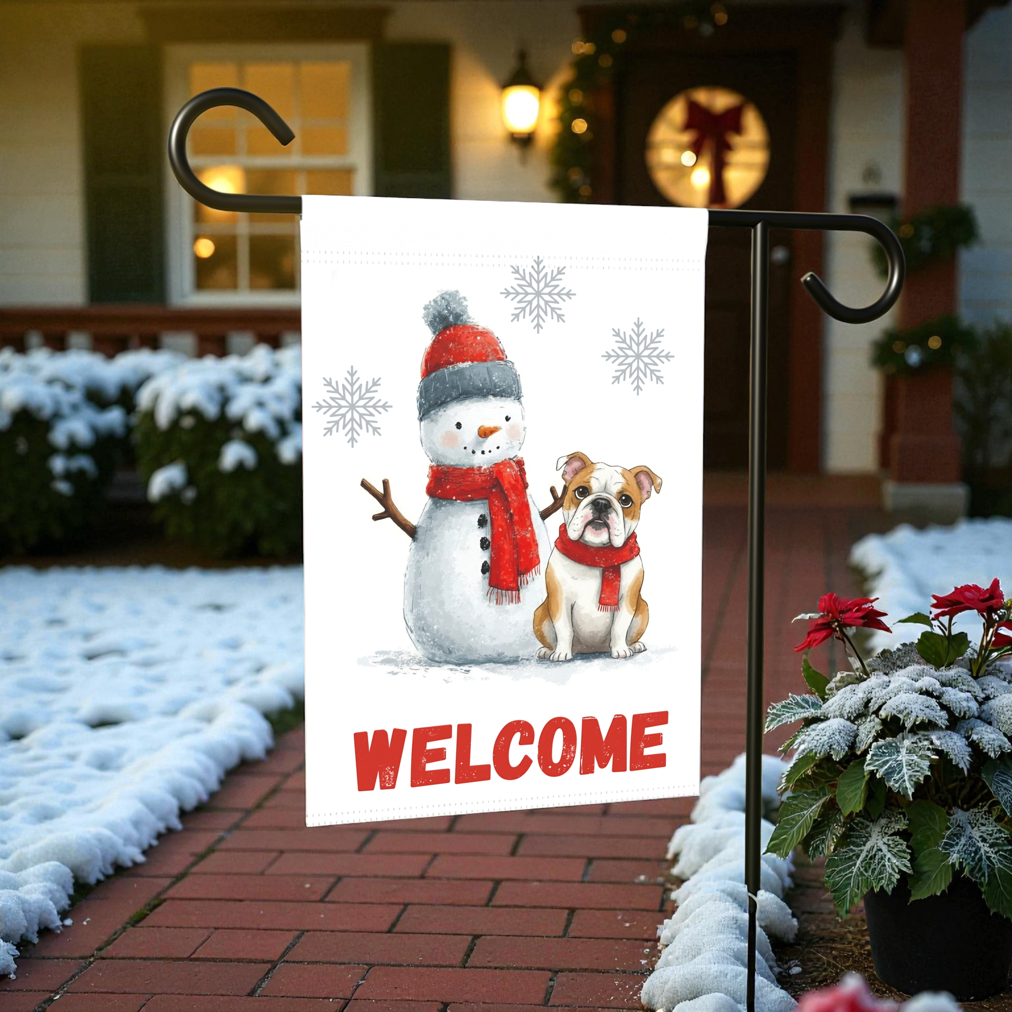 British Bulldog and Snowman Welcome Garden Flag