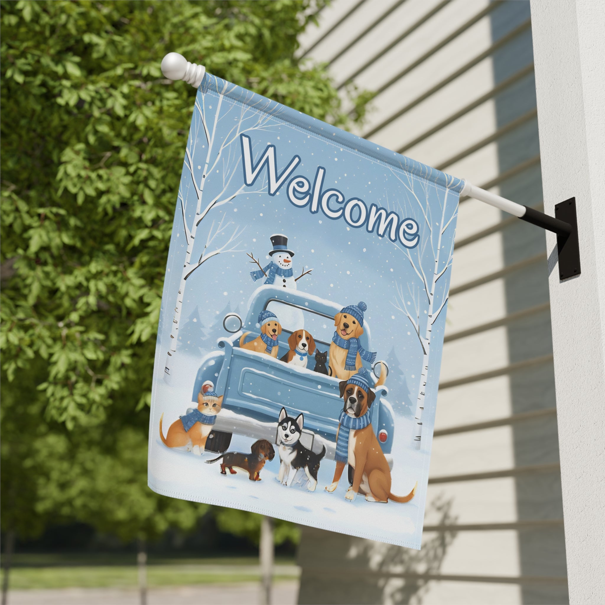 Welcome Winter Dogs  and Cats Garden Flag - close-up detail - Dragonfire Gardens