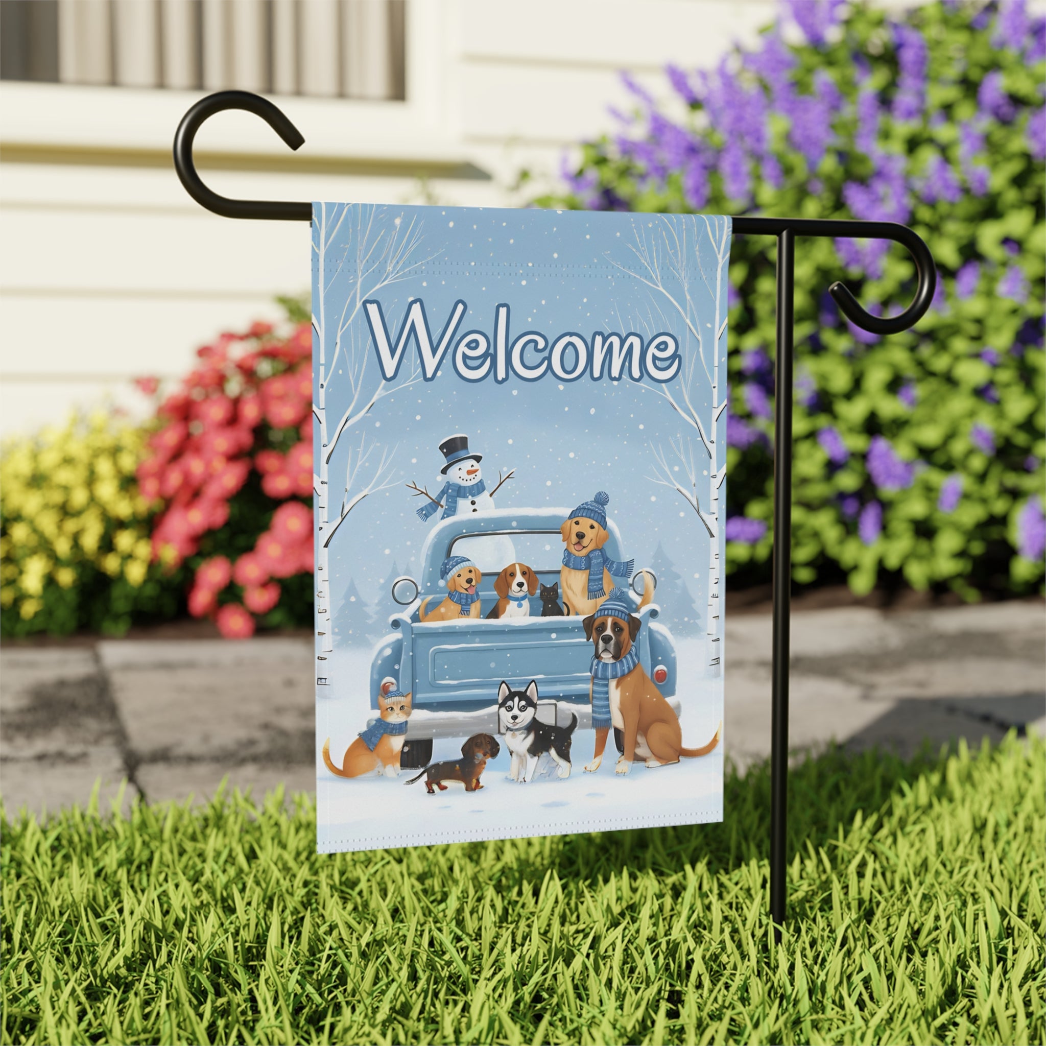 Welcome Winter Dogs  and Cats Garden Flag - outdoor display - Dragonfire Gardens