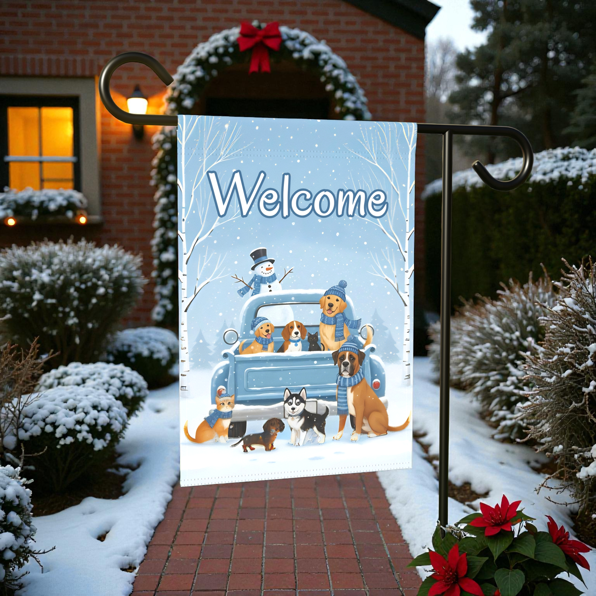 Welcome Winter Dogs  and Cats Garden Flag - size comparison - Dragonfire Gardens
