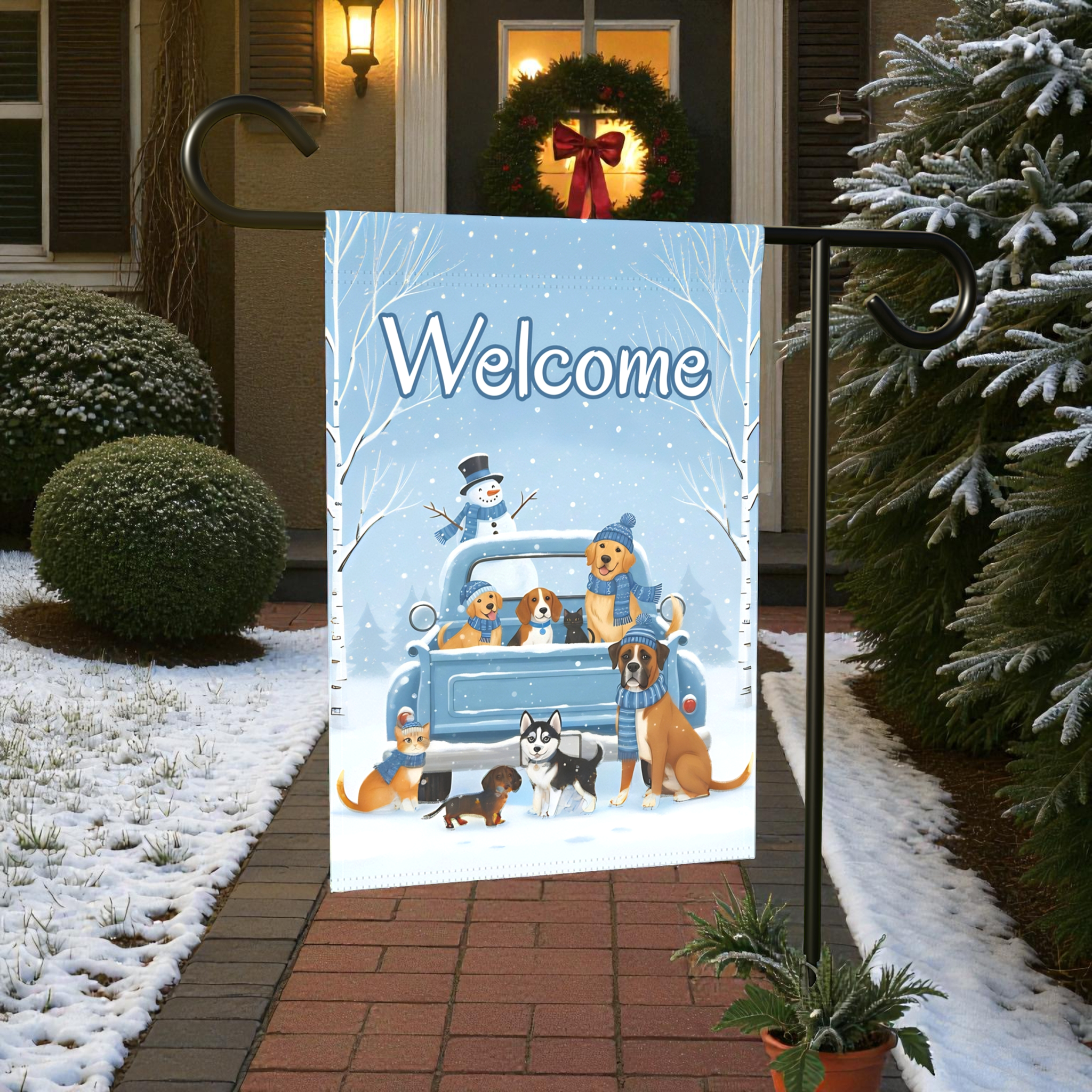 Welcome Winter Dogs  and Cats Garden Flag - lifestyle display - Dragonfire Gardens